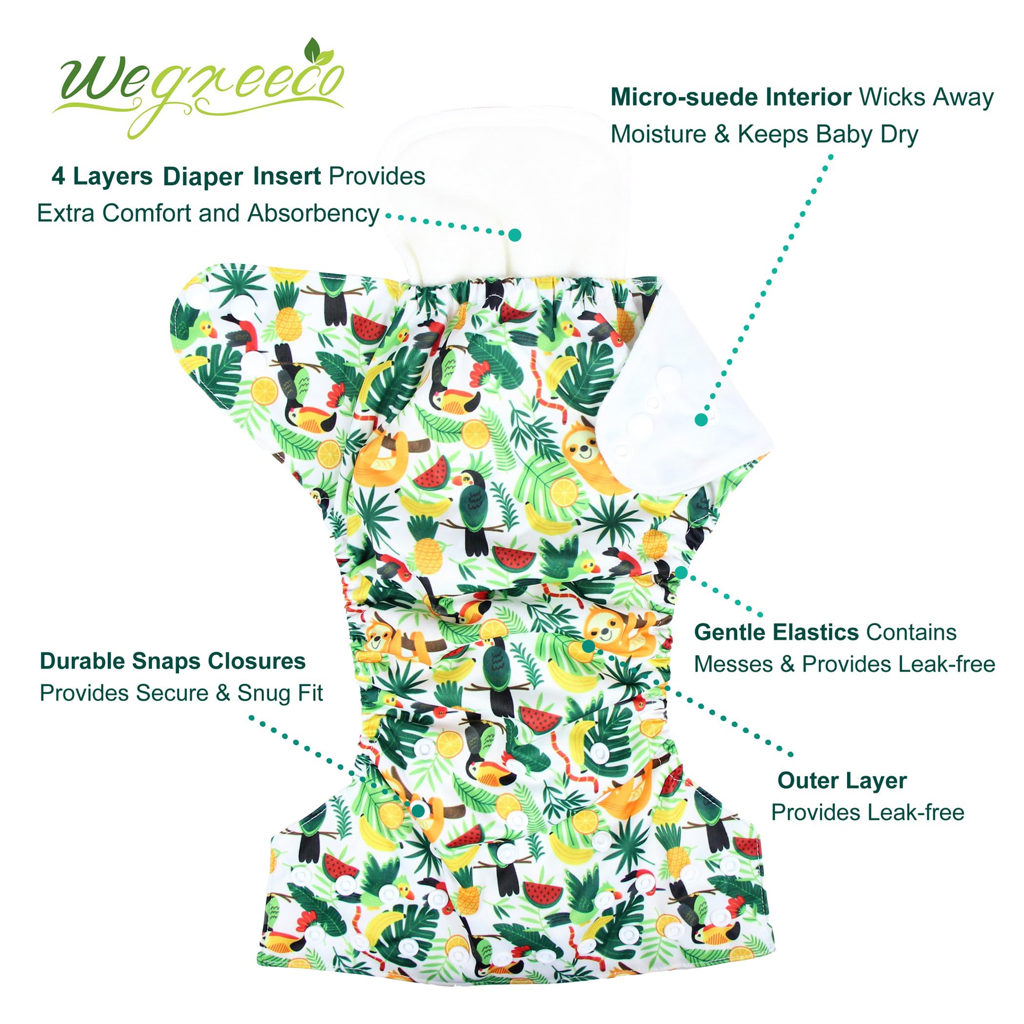 Wegreeco 6 Pack Washable Cloth Diapers with Inserts & Wet Bag - Adjustable Reusable Baby Diapers for Boys & Girls (Fruits & Animals Print) - Perfect for Daycare, Travel & Eco-Friendly Parenting