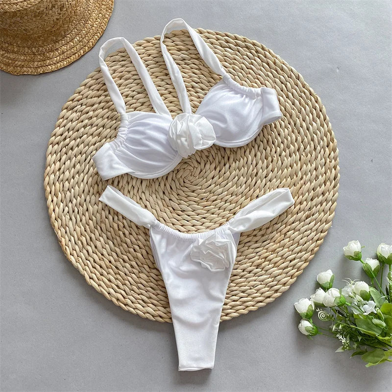 3D Flower Sexy Bandeau Bikini Set - Brazilian Bandage Swimwear for Women, Backless Two Piece Bathing Suit | Beach Vacation, Pool Party, Summer Getaway