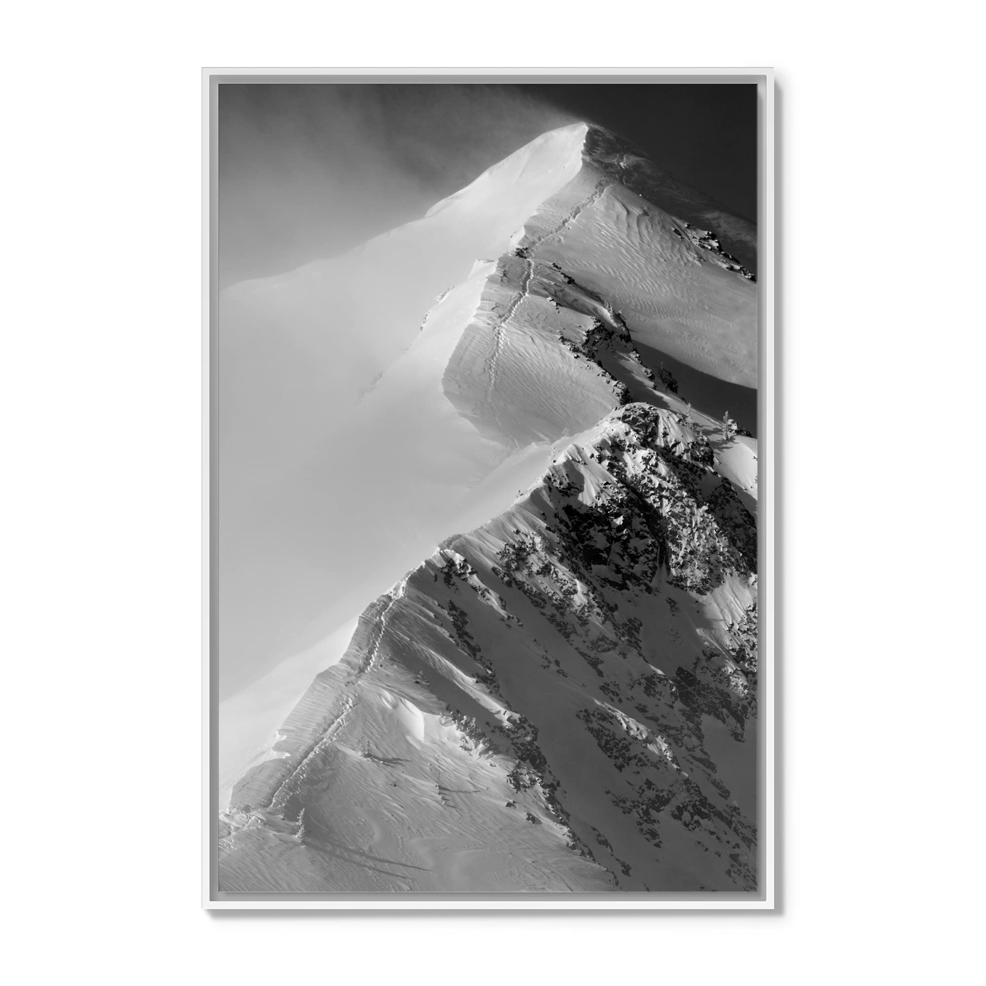 Premium Canvas Wall Art - Black & White Mountain Peak Photography by Adam Barker | 24x36 Inch Ready to Hang Framed Decor for Living Room, Bedroom & Office | Winter Landscape Fine Art Print from Salt Lake City, Utah