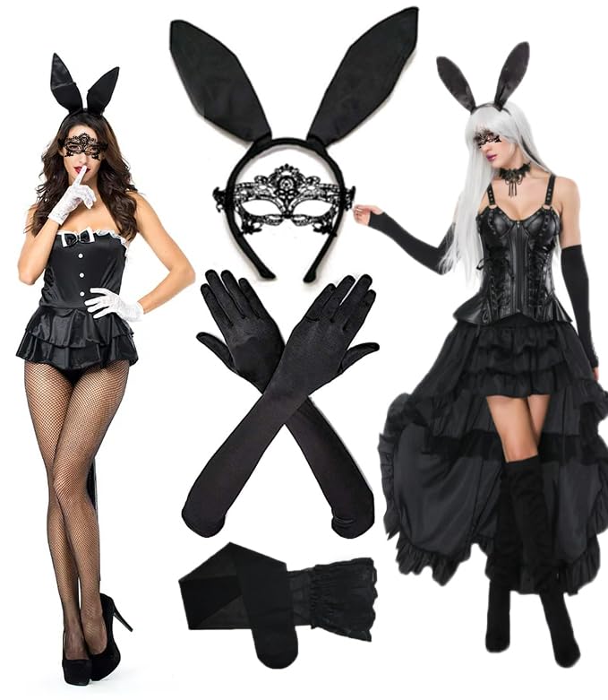 Halloween Bunny Costume Set - Rabbit Ears Headband, Lace Stockings, Gloves & Mask for Cosplay, Valentine's Day, Easter Parties | Perfect for Halloween Costumes, Cosplay Events, Themed Parties & Photo Shoots