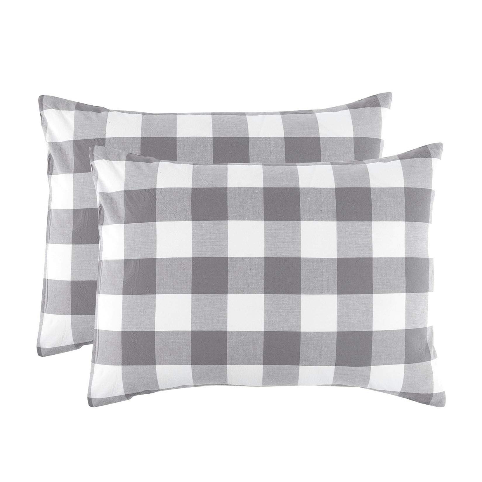 Wake In Cloud - 100% Washed Cotton Plaid Pillowcases Set of 2, Buffalo Check Gingham Checkered Farmhouse Style, Standard Size 20x26 Inches (Gray White) - Perfect for Bedroom, Living Room & Home Decor