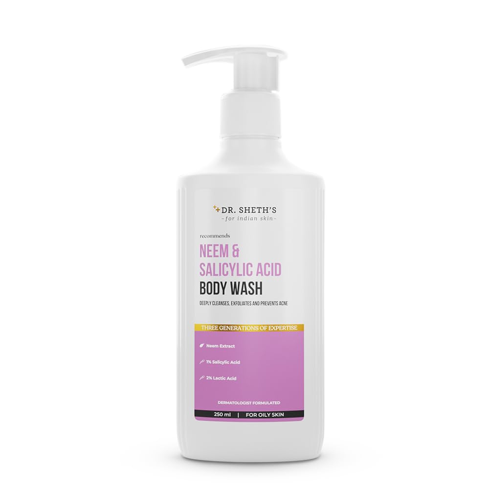 Dr. Sheth's Neem & Salicylic Acid Body Wash for Body Acne Treatment | 2% Lactic Acid & 1% Salicylic Acid Anti-Bacterial Body Wash with Neem Extract | Suitable for All Skin Types | Men & Women | 250 mL | Perfect for Back Acne, Chest Breakouts & Body Blemishes