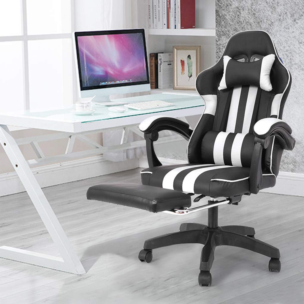 Ergonomic Adjustable High Back PU Leather Office Chair with Footrest - Modern Gaming & Executive Desk Chair for Home Office, Teens, PC & Computer Use - Comfortable for Long Hours (White, 1)