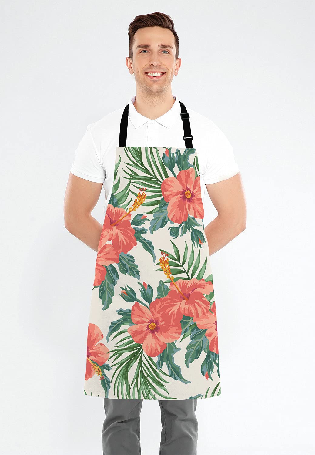 Adjustable Tropical Leaves & Hawaiian Flower Bib Apron for Men & Women - Perfect for Home Kitchen, Cooking, Baking, BBQ, Grill, Bistro, Chef & Waitress Use