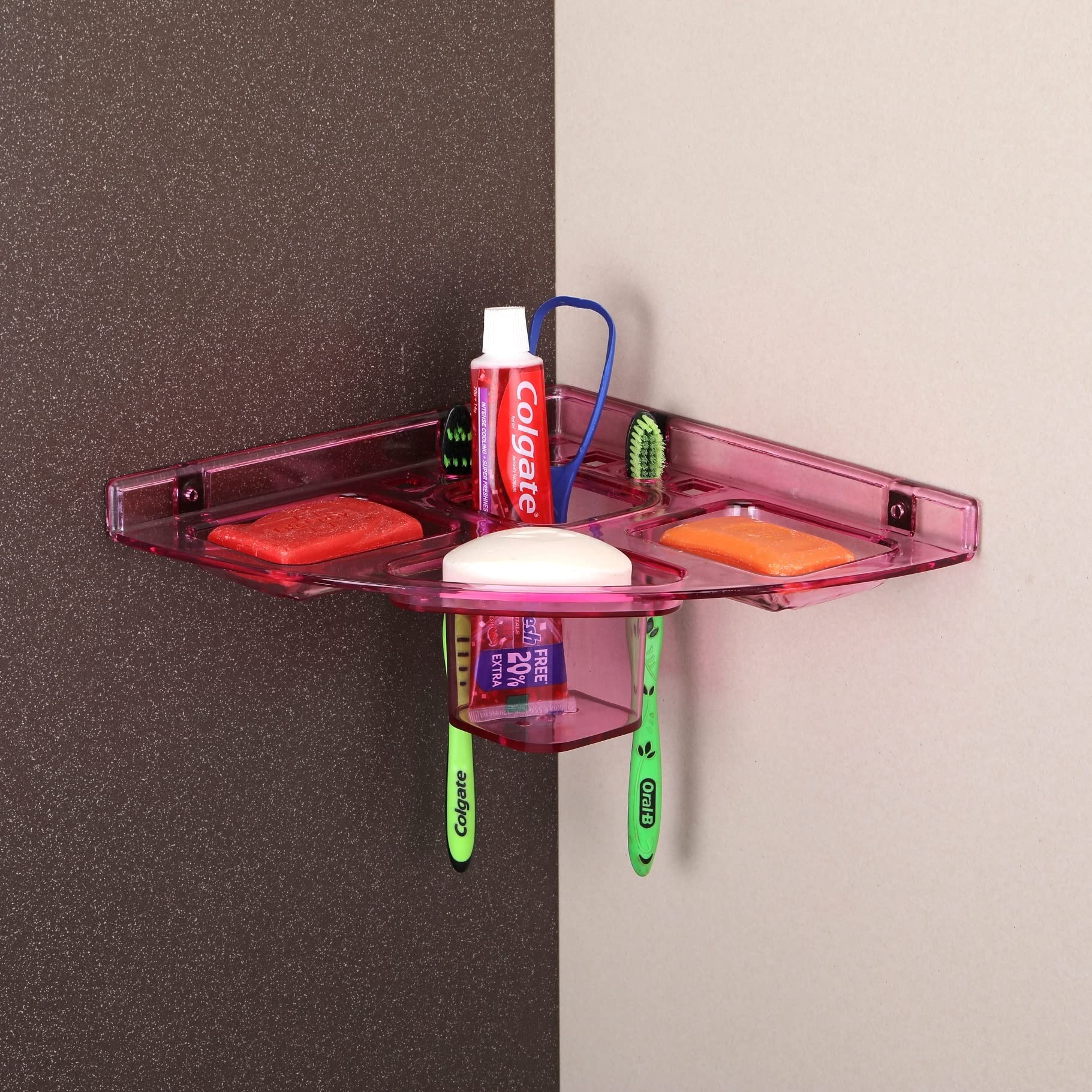 Pink Acrylic 5-in-1 Corner Soap Holder - 10x10 Inch Unbreakable Plastic Bathroom Organizer, Wall Mounted Shelf for Shampoo, Lotion & Beauty Products - Perfect for Bathroom, Kitchen & Shower Storage (1 Shelf, Pink)