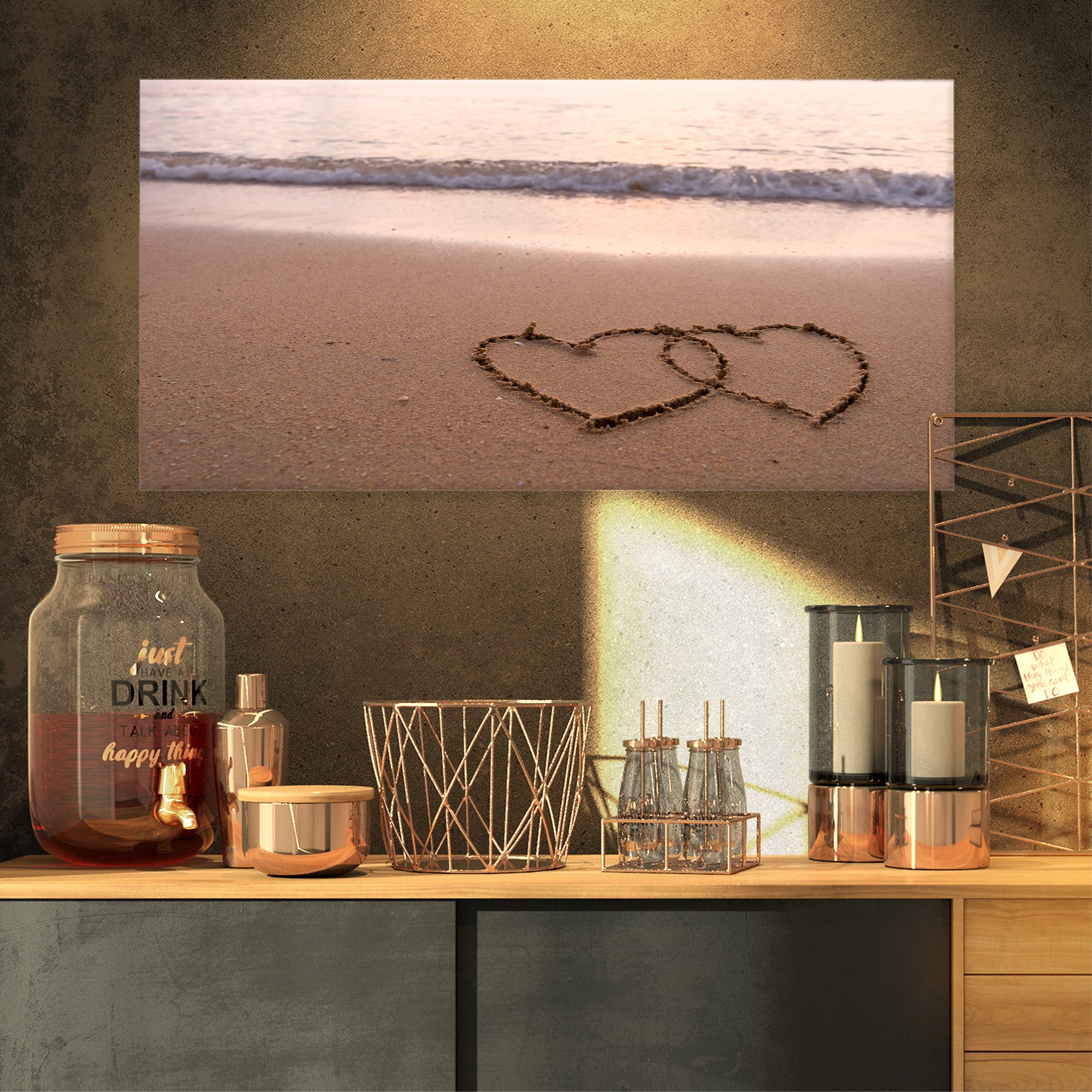Extra Large Seascape Canvas Art - Romantic Two Hearts Drawn on Beach Painting - Perfect for Living Room, Bedroom & Coastal Home Decor