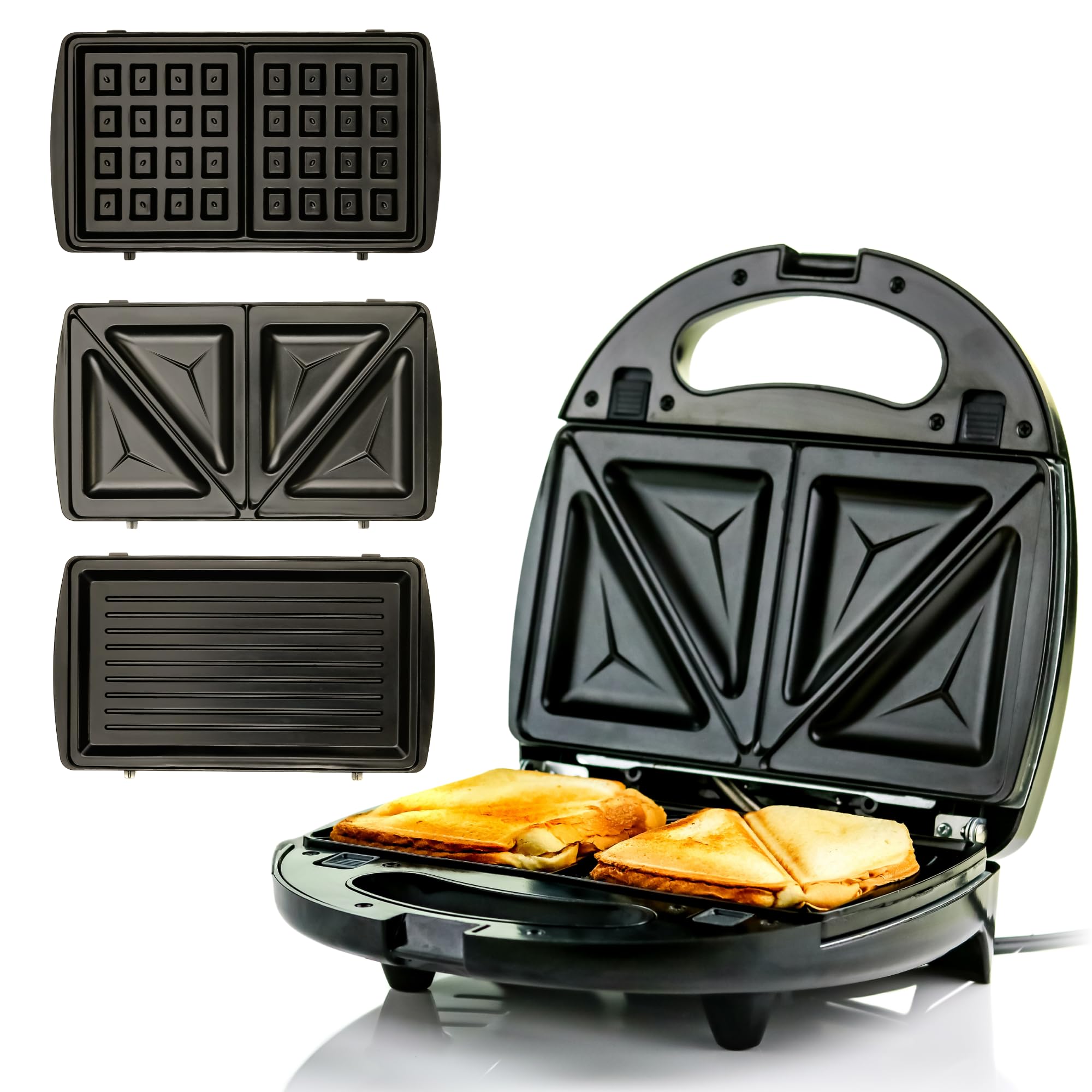 OVENTE 3-in-1 Electric Sandwich Maker & Panini Press Grill with Removable Non-Stick Plates - Waffle Iron for Grilled Cheese, Burgers, Steaks - Perfect for Breakfast, Lunch & Snacks (Black, Model GPI302B)