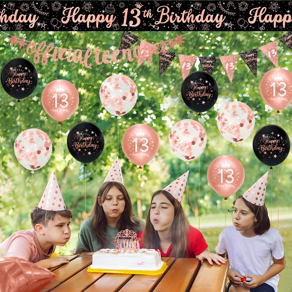 Black Rose Gold 13th Birthday Party Decorations Kit - 16-Piece Happy Birthday Banner & Bunting Set for Teen Girls | Perfect for Sweet 16, Quinceañera & Milestone Celebrations