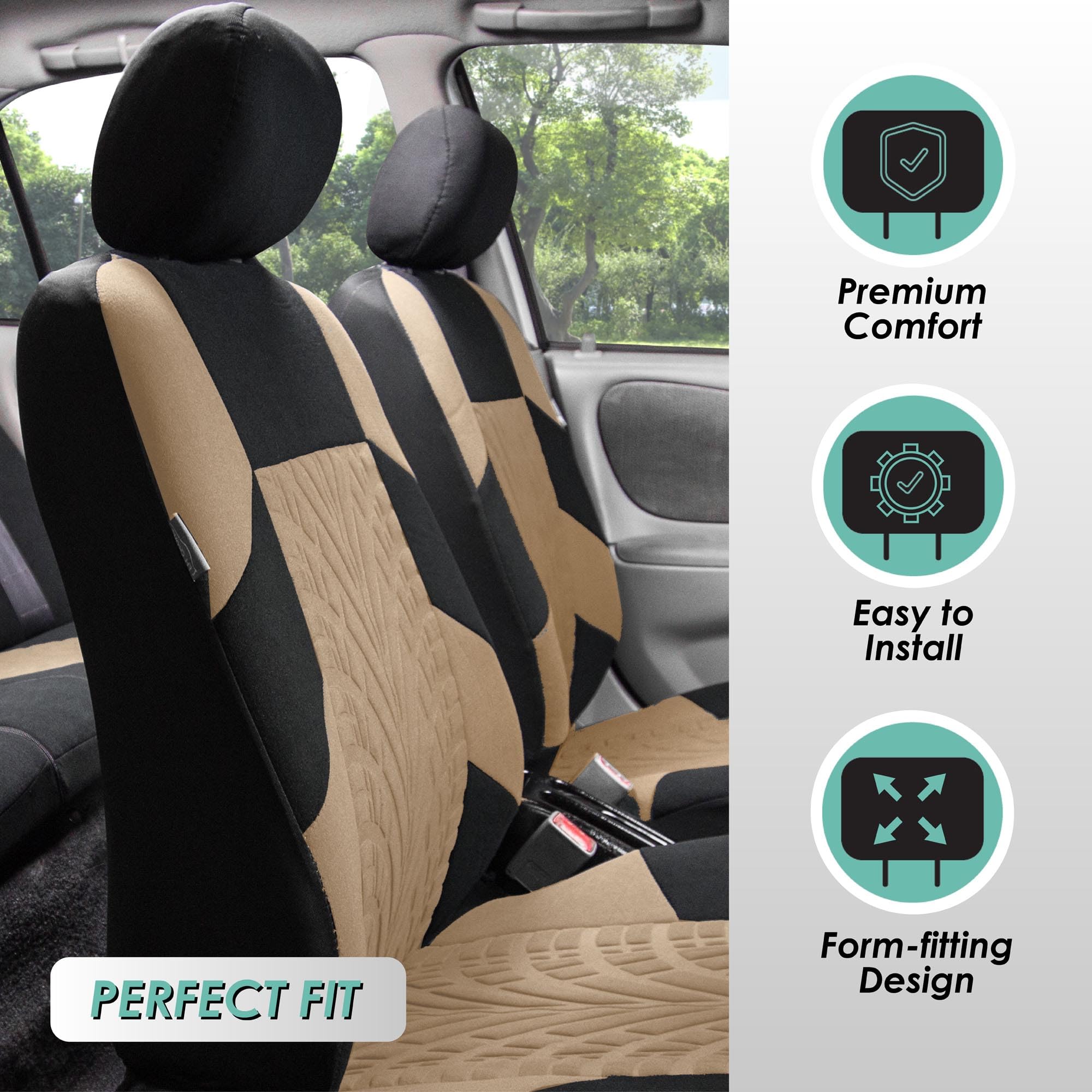FFH Group 3-Row 7-Seater Beige Car Seat Covers - Universal Fit for Cars, Trucks & SUVs | Airbag Compatible, Split Rear Design | Premium Travel Protection | Perfect for Road Trips, Family Outings & Daily Commutes
