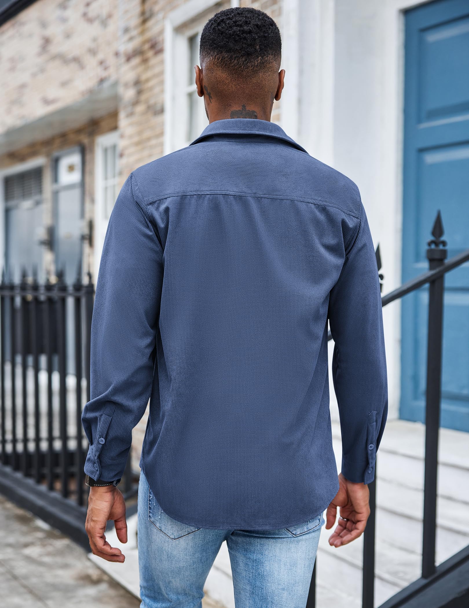 COOFANDY Men's Waffle Knit Button Down Shirt - Casual Long Sleeve Shacket Jacket with Pockets | Breathable & Stylish Fall Winter Layering Piece for Work, Date Night & Outdoor Activities