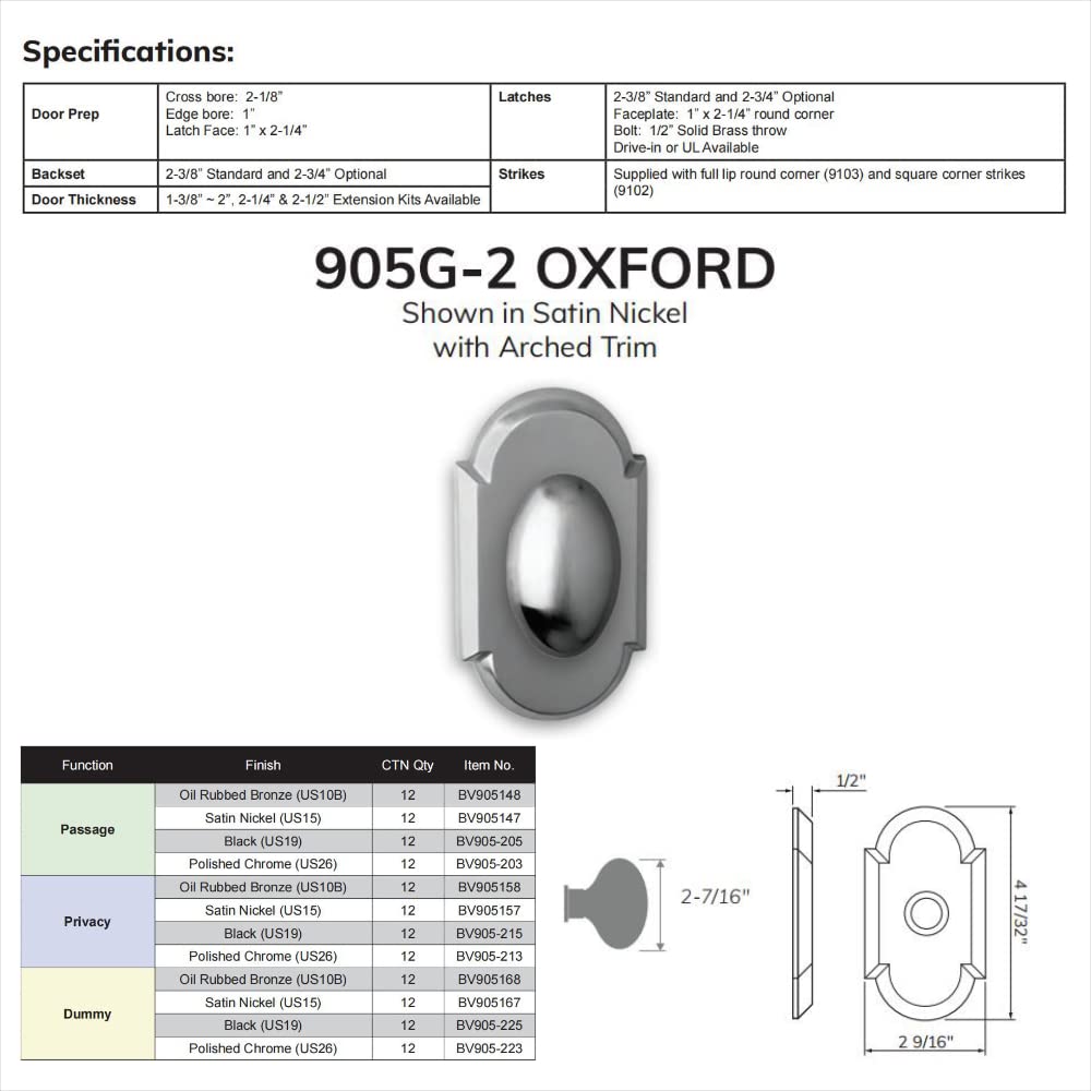 Delaney Hardware Bravura 905 Oxford Knob Dummy Lockset - Modern Arched Trim Door Knob for Closet & Pantry in Satin Nickel - Perfect for Bedroom, Bathroom & Interior Doors
