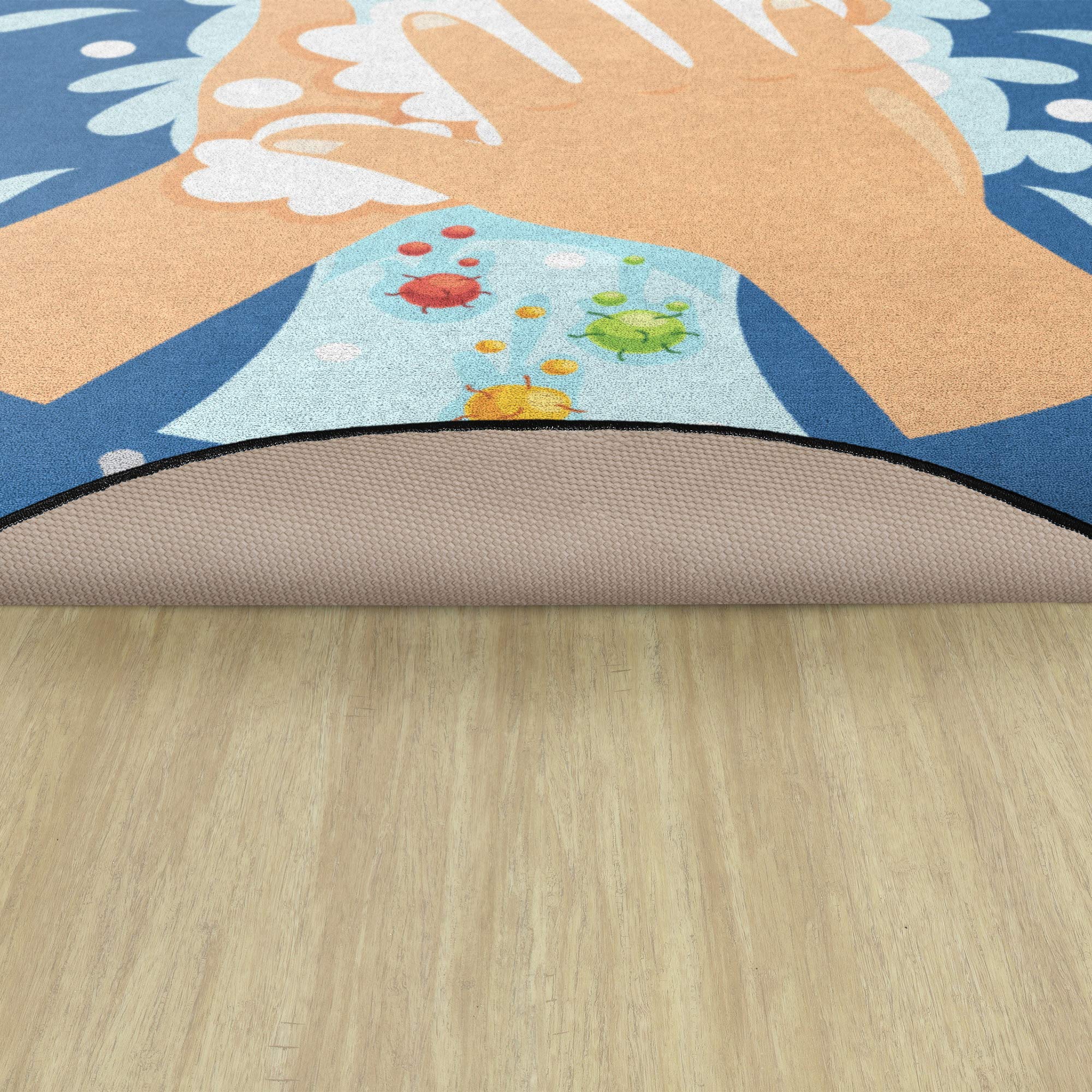 Kids Washable Rug - 5' Round Non-Slip Play Mat for Playroom & Nursery | Sprogs 'Don't Forget to Wash Your Hands' Educational Floor Decor