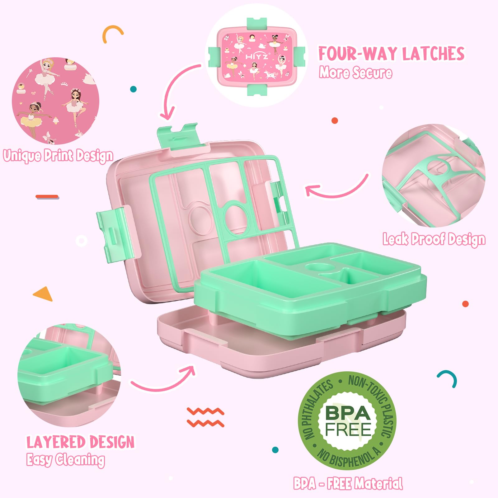 HiYZ 5-Compartment Bento Lunch Box for Kids - Leakproof, Durable & Dishwasher Safe - Perfect Portion Sizes for Toddlers Aged 3-7 - Ballet Design for Daycare, School & Picnics