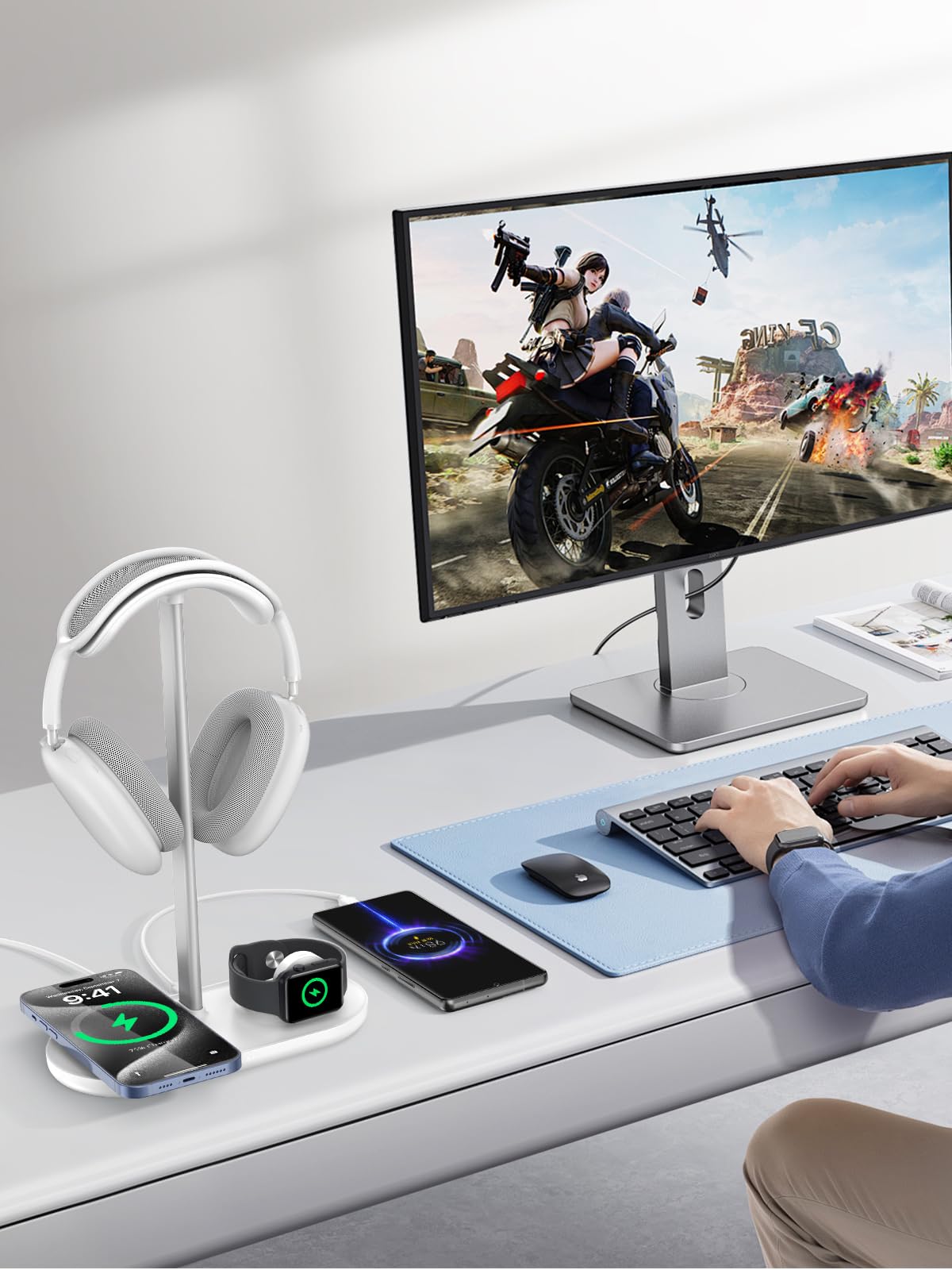 Premium 4-in-1 Wireless Charging Headphone Stand for Desk - Fast Qi Charger for iPhone 14/13/12, AirPods, Apple Watch, Samsung Galaxy - Universal Holder for AirPods Max, Bose, Beats, Sony Headphones - Perfect for Home Office, Gaming Setup & Workspace Organization (Powder White)