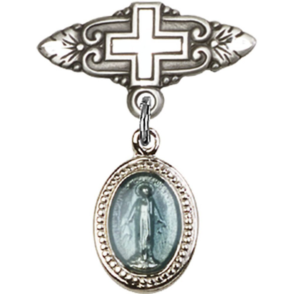 1 X 3/4 Inch Sterling Silver Baby Badge with Blue Miraculous Charm & Cross Pin - Perfect for Christening Gifts, Baby Blessings & Religious Ceremonies