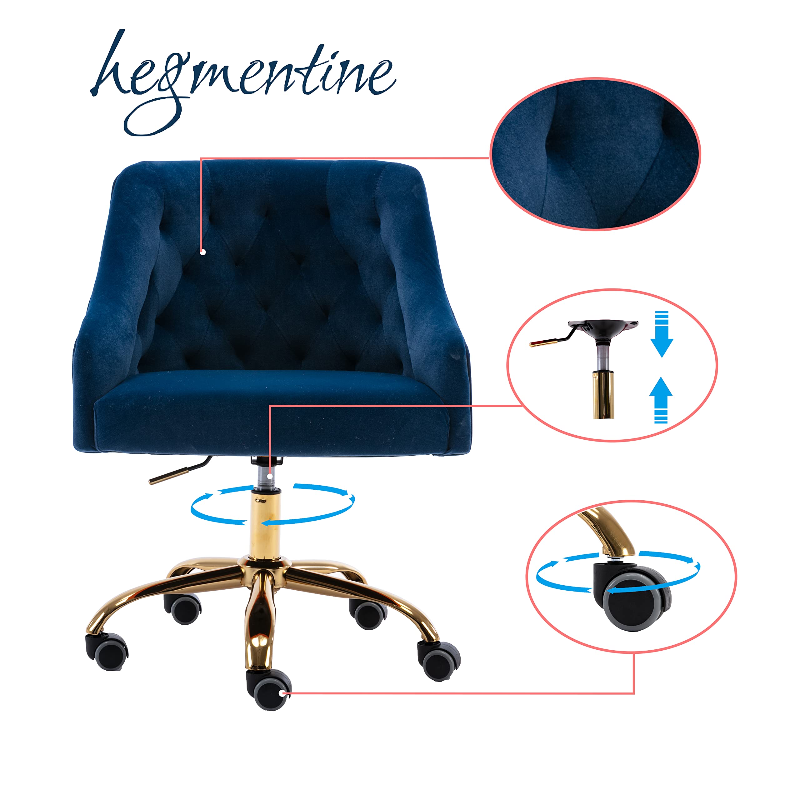 Ergonomic Modern Home Office Chair - Adjustable Swivel Desk Chair with Wheels, Velvet Upholstery for Living Room & Bedroom - Dark Blue (Perfect for Work from Home, Gaming & Makeup Vanity)