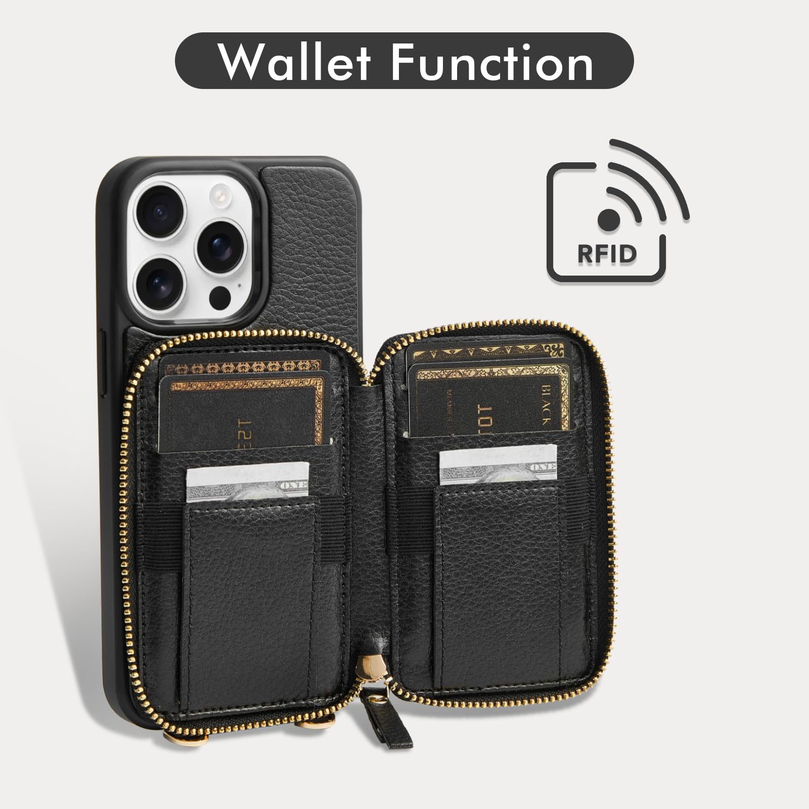 ZVE iPhone 12 Pro Max Wallet Case with Card Holder & Wrist Strap - RFID Blocking Zipper Phone Purse Cover for Women (6.7 inch, 2020, Black) - Perfect for Shopping, Travel & Daily Use