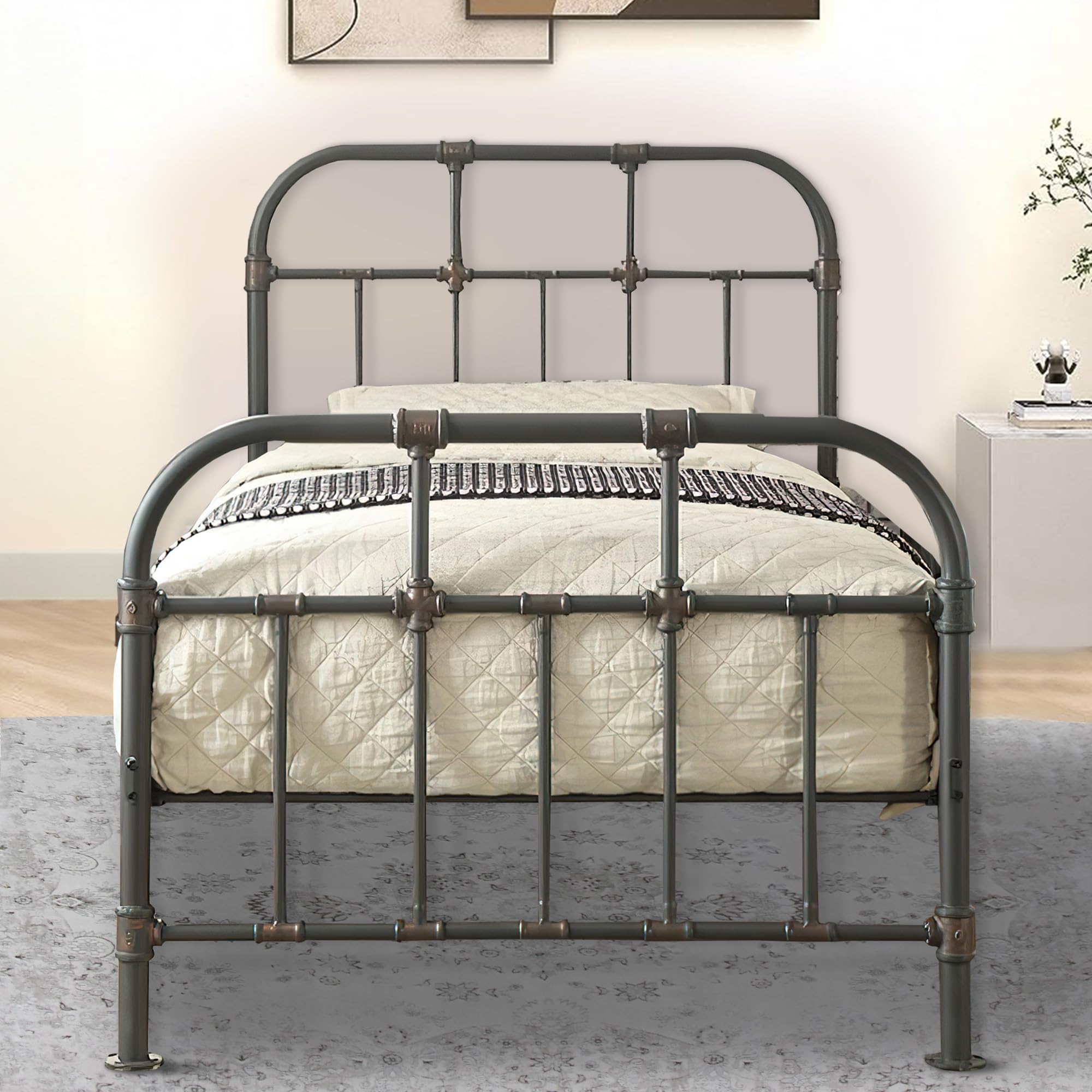 Industrial Metal Twin Size Bed Frame with Pipe Design - Brown Finish | Sturdy & Durable for Kids Room, Guest Bedroom or Small Space