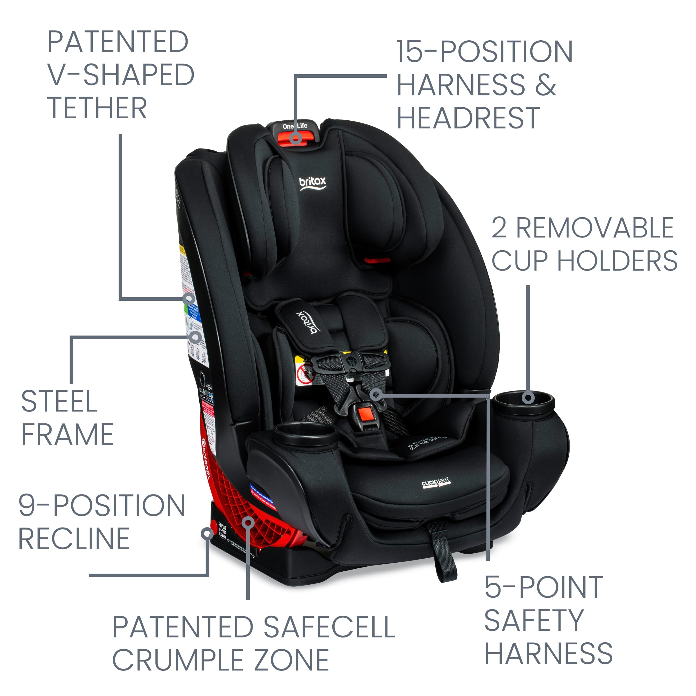 Britax One4Life ClickTight All-in-One Convertible Car Seat for Infants to Big Kids | Eclipse Black | Safe & Comfortable for Travel, School & Family Road Trips