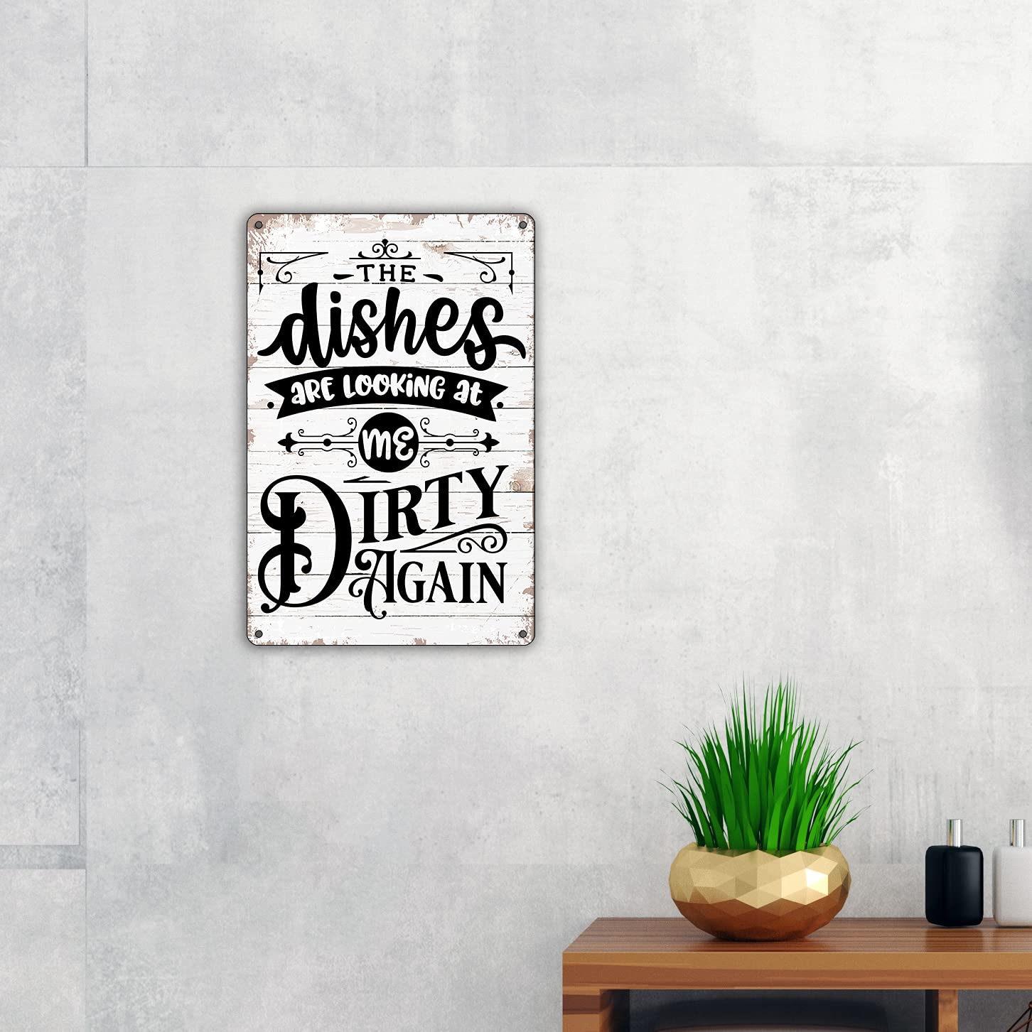 Funny Kitchen Quote Metal Tin Sign - 'The Dishes Are Looking at Me Dirty Again' Rustic Wall Decor for Home, Kitchen, or Bar, Perfect Gift for Cooking Enthusiasts