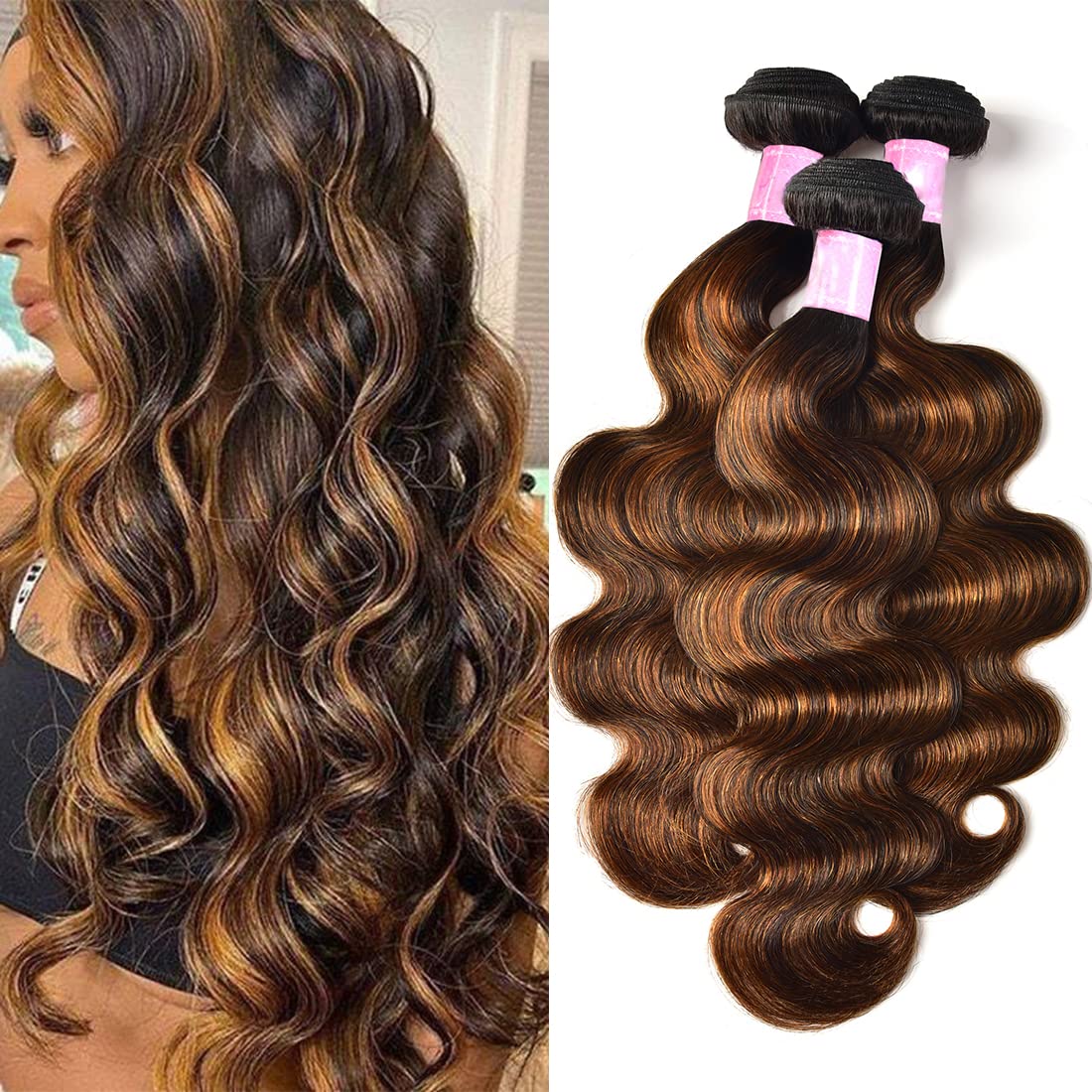 Sunber 12A Ombre Body Wave 100% Brazilian Virgin Human Hair Extensions - 3 Bundles (12/14/16 Inch) Brown Highlight Wavy Weaves with Piano Two-Tone FB30 Color | Perfect for Daily Styling, Special Occasions & Salon Use