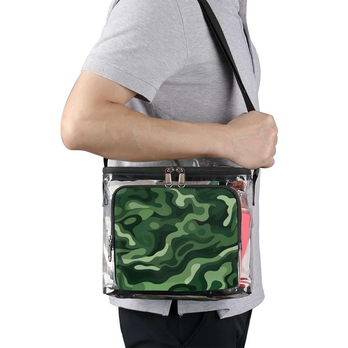 GzLeyigou Fashion Camouflage Green Clear Tote Bag with Handles - Abstract Camo Transparent Crossbody Shoulder Bag for Women - Perfect for Outdoor, Travel, Picnic, Concerts & Sports Events (Stadium Approved) - Lunch Bag, Beach Bag, Shopping Bag & Festival Essential Accessory