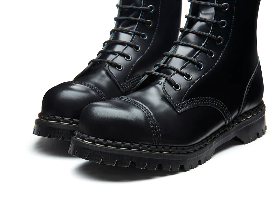GRIPFAST Black Hi Shine 10 Eye Steel Toe Derby Boots for Men - Safety Work Boots with Slip Resistant Sole - Perfect for Construction, Warehouse & Industrial Work