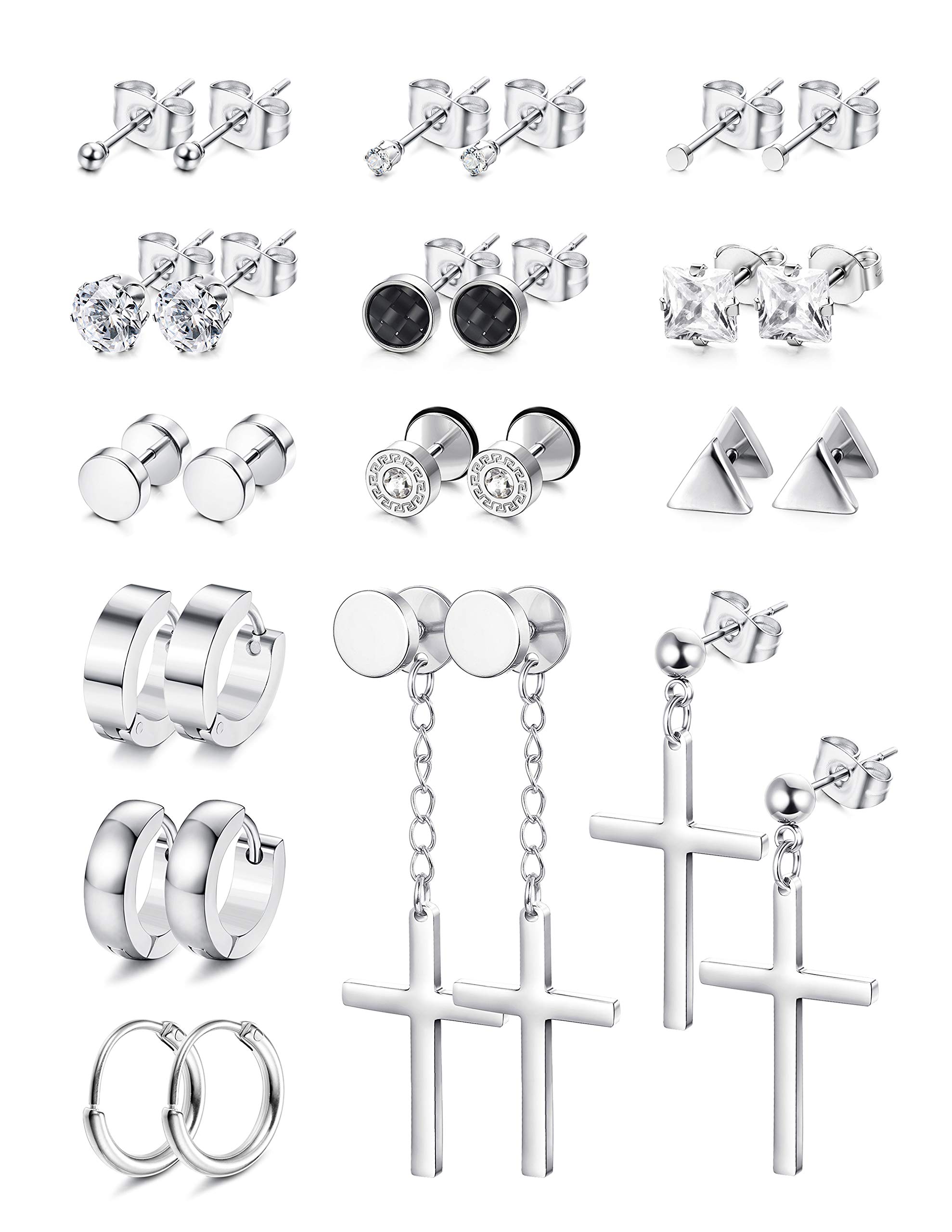 Florideco 14 Pairs Stainless Steel Stud Earrings for Men - Hoop, Cross & Dangle Earrings Set - Silver/Black Huggie Hinged Tiny Studs - Perfect for Gifts, Parties & Everyday Wear