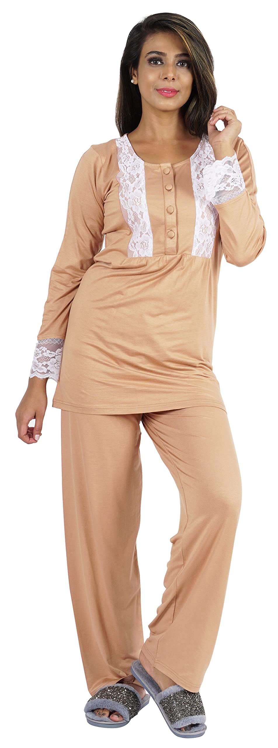 Bimba Women's 2-Piece Sleepwear Set - Lace Top & Comfortable Pajama Pants for Nightwear | Soft & Breathable Sleep Outfit for Lounge, Travel & Relaxation at Home