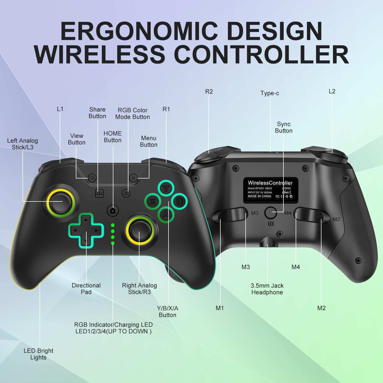 BUERTT Wireless Xbox One Controller with RGB LED Lights - Compatible with Xbox Series X/S, Xbox One X/S - Includes 2.4G Wireless Adapter & 3.5mm Audio Jack - Perfect for Gaming, Streaming & Multiplayer Sessions (Black)