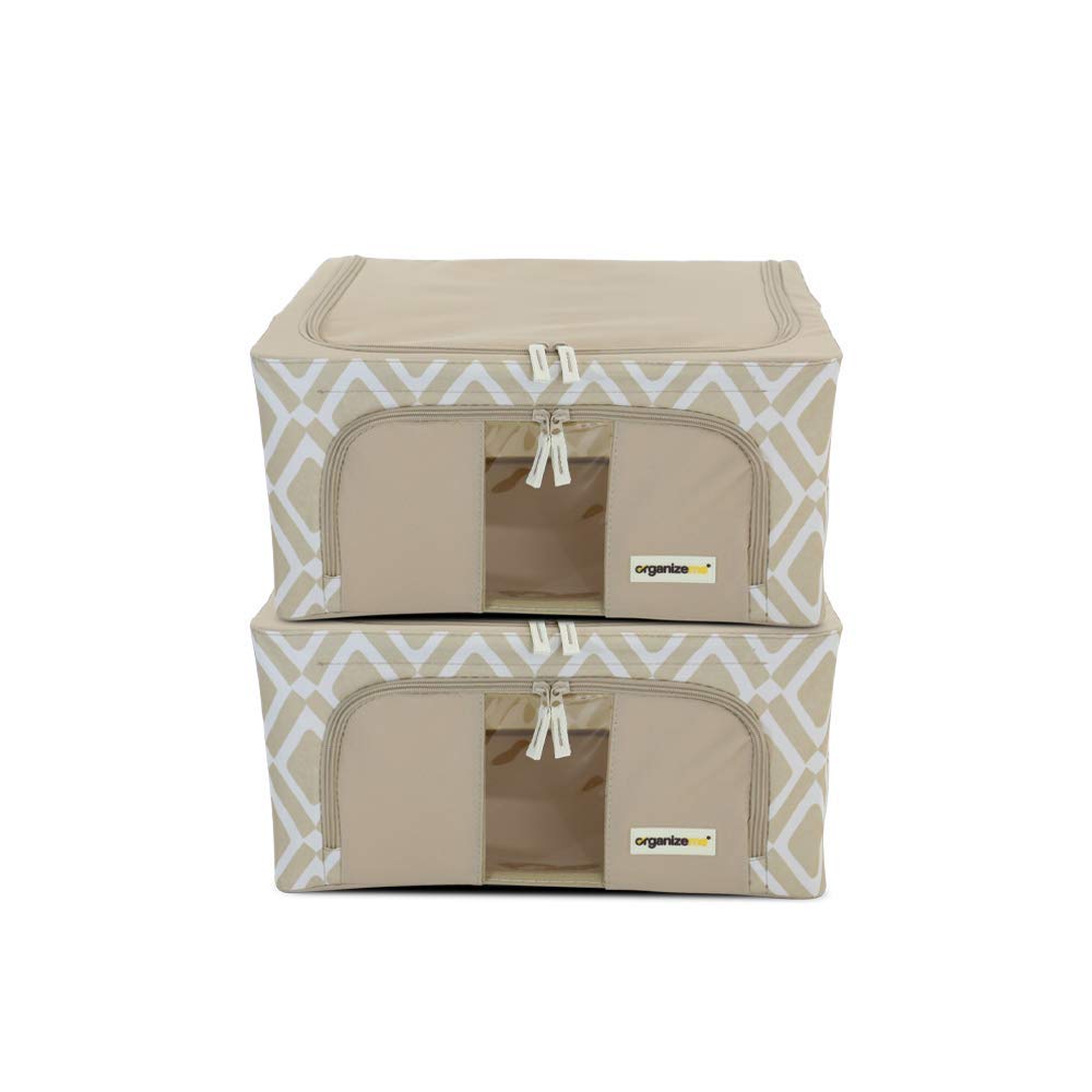 Foldable Clothes Storage Bag Organizer - Large Capacity Collapsible Closet Box with Strong Handles & Sturdy Zippers - Premium Fabric for Blankets, Seasonal Clothes & Bedding Storage - Under Bed Space Saver (2 Pack, Small, Taupe Pattern) - Perfect for Home Organization, Dorm Rooms & Travel Storage