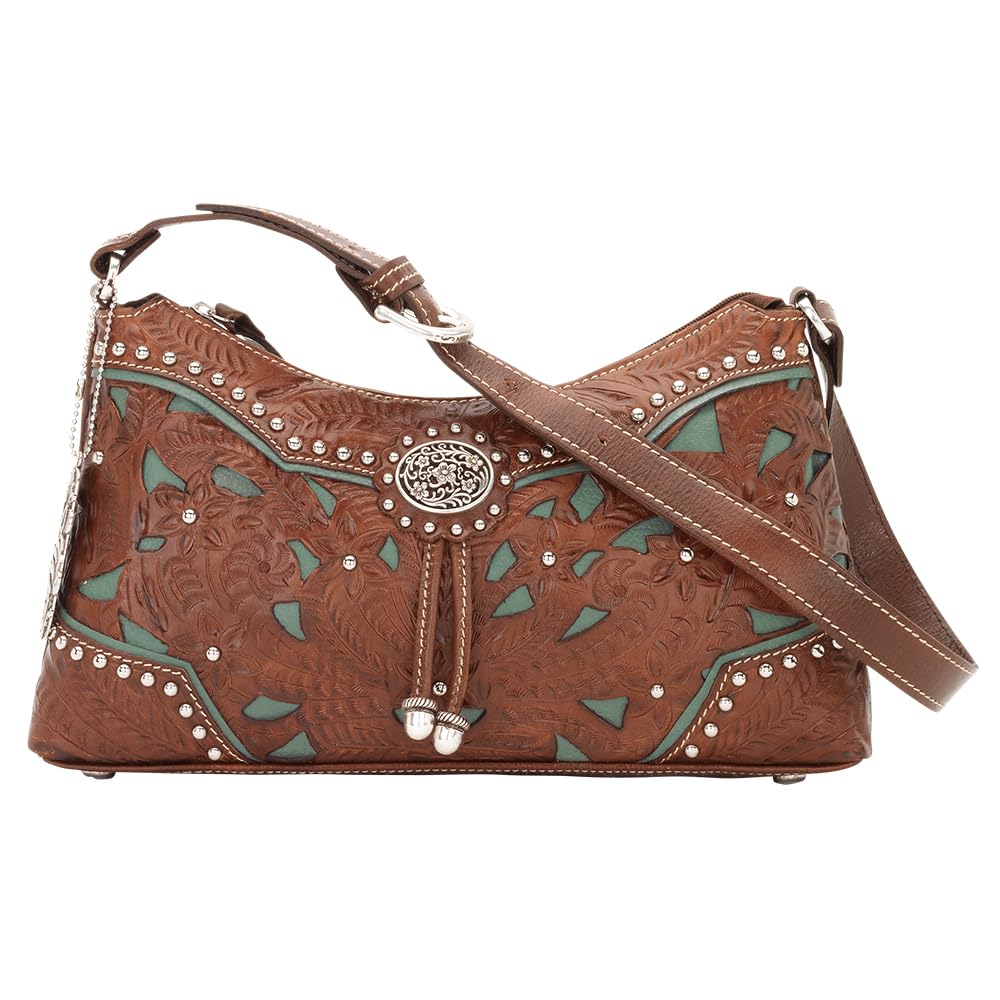 American West Women's Lace Hobo Handbag - Medium Brown Genuine Leather Purse for Casual Outings, Work & Travel
