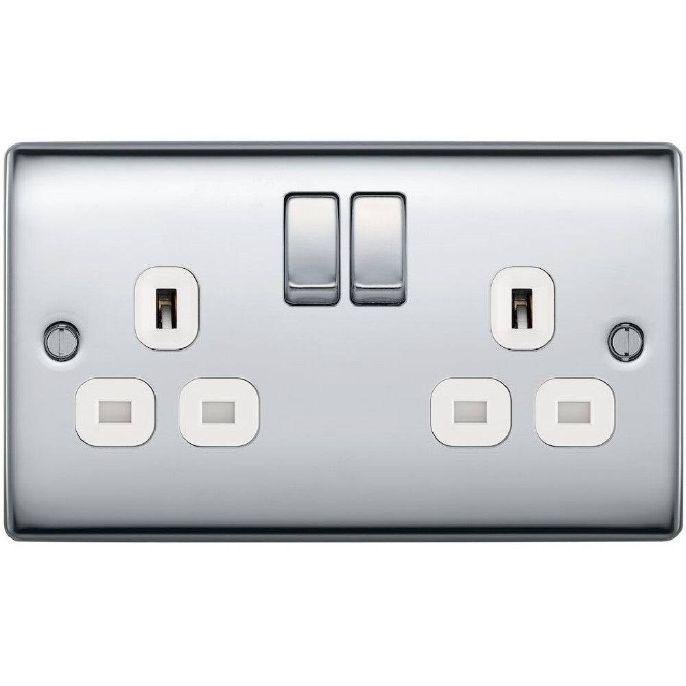 BG Nexus 13A Double Socket NPC22W - Polished Chrome Metal Electrical Outlet for Home, Office & Workshop Use