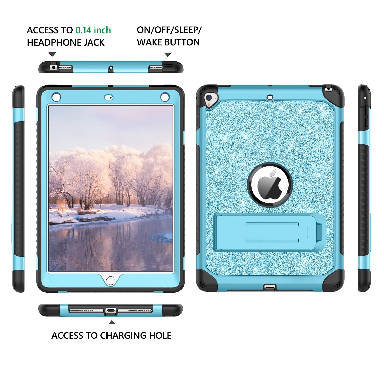 YINLAI Shockproof Protective Case for iPad 9.7 Inch (6th/5th Gen & Air 2) - Glitter Bling Kickstand Cover for Kids, Women & Girls - Perfect for School, Travel & Daily Use - Blue