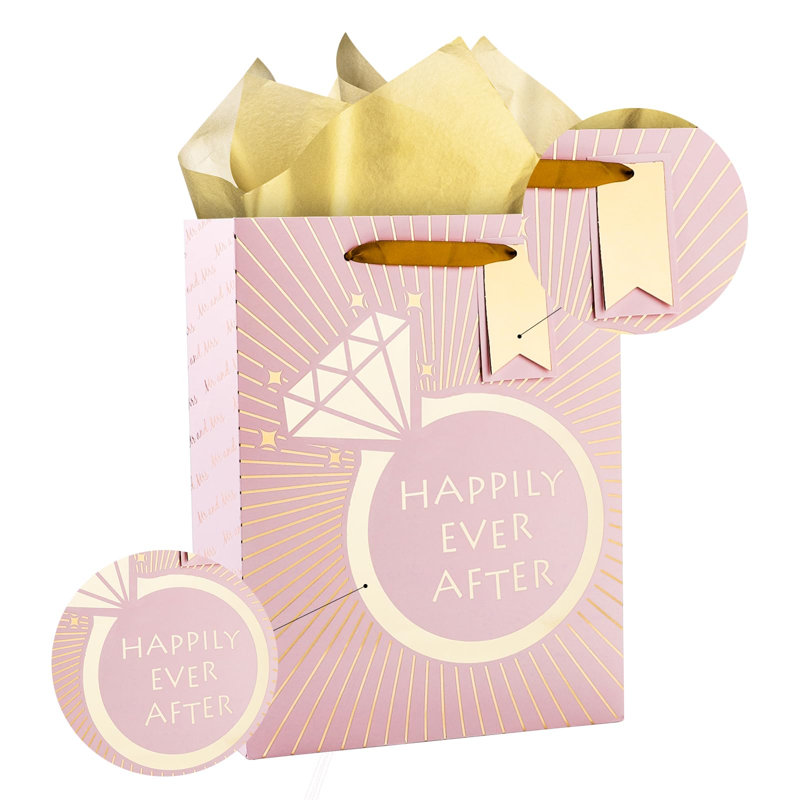 Wedding Gift Bag with Tissue Paper & Card - 10x5x13in, Pink for Parties & Events