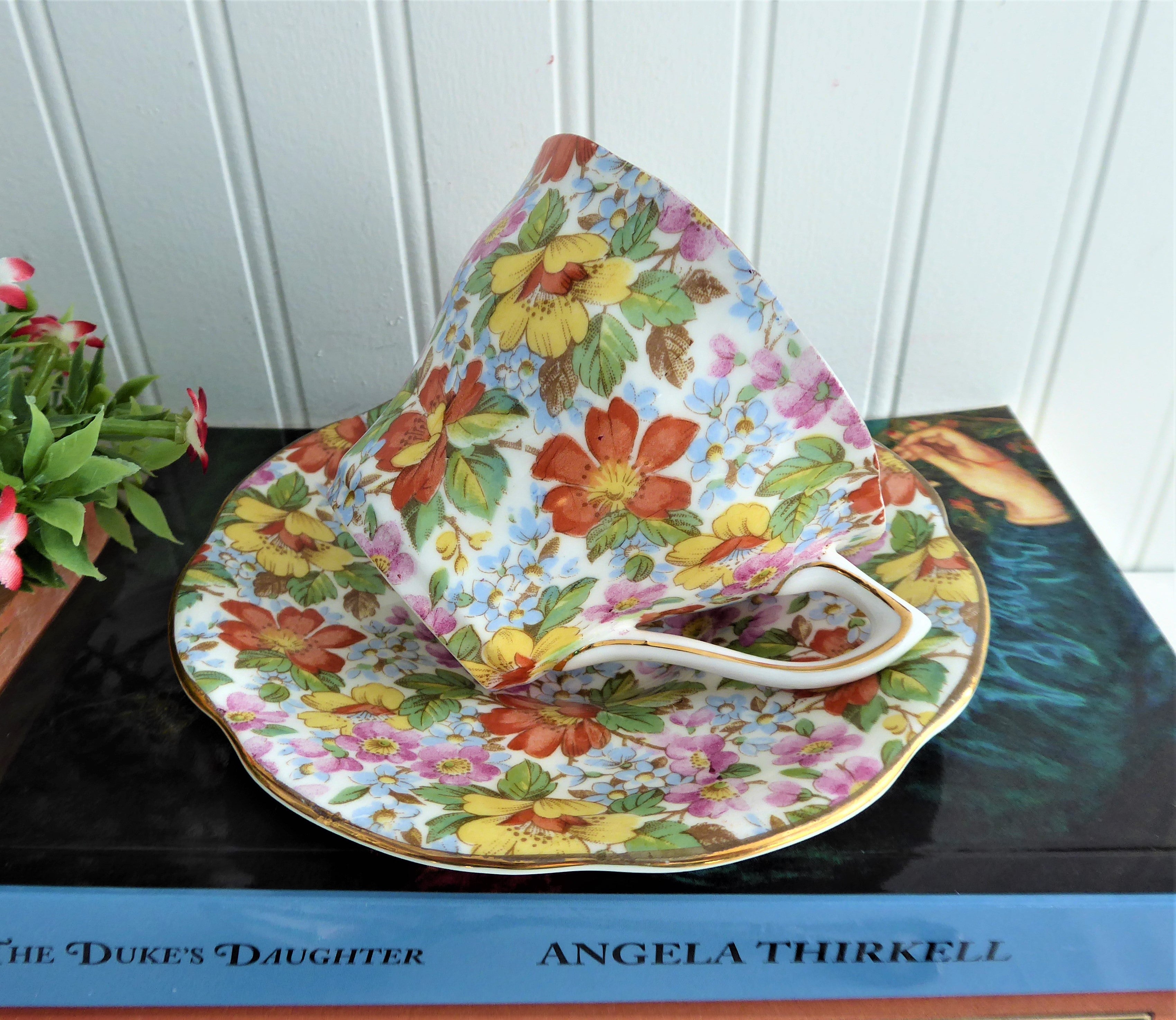 Vintage Rosina 1950s Spring Blossom Chintz Tea Cup and Saucer Set - Coral, Yellow & Blue Floral Pattern - Perfect for Afternoon Tea, Collectibles & Vintage Home Decor