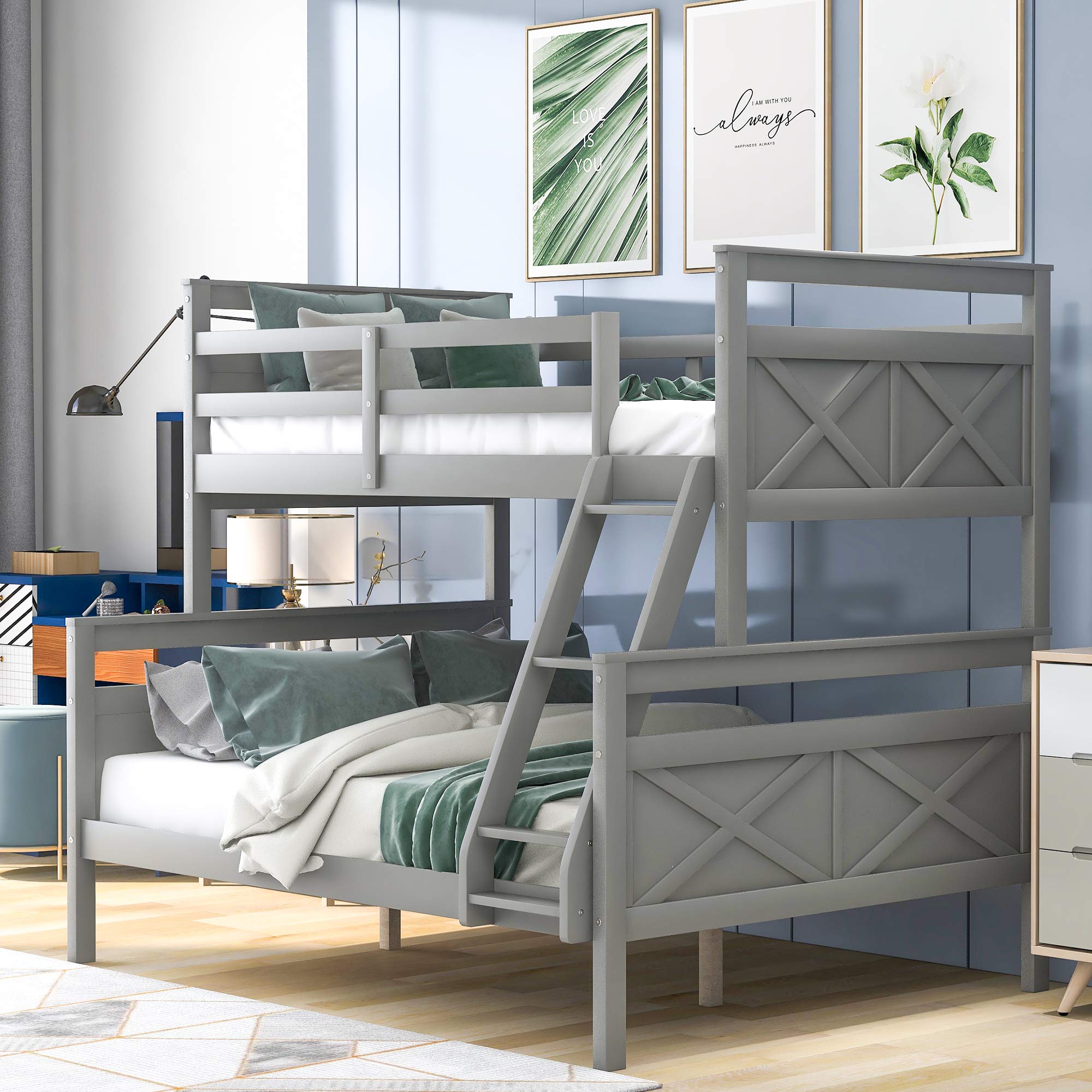 Merax Twin Over Full Bunk Bed with Ladder & Safety Rail - Converts to 2 Separate Beds, Space-Saving Grey Bed Frame - Perfect for Kids' Rooms, Guest Rooms & Small Spaces