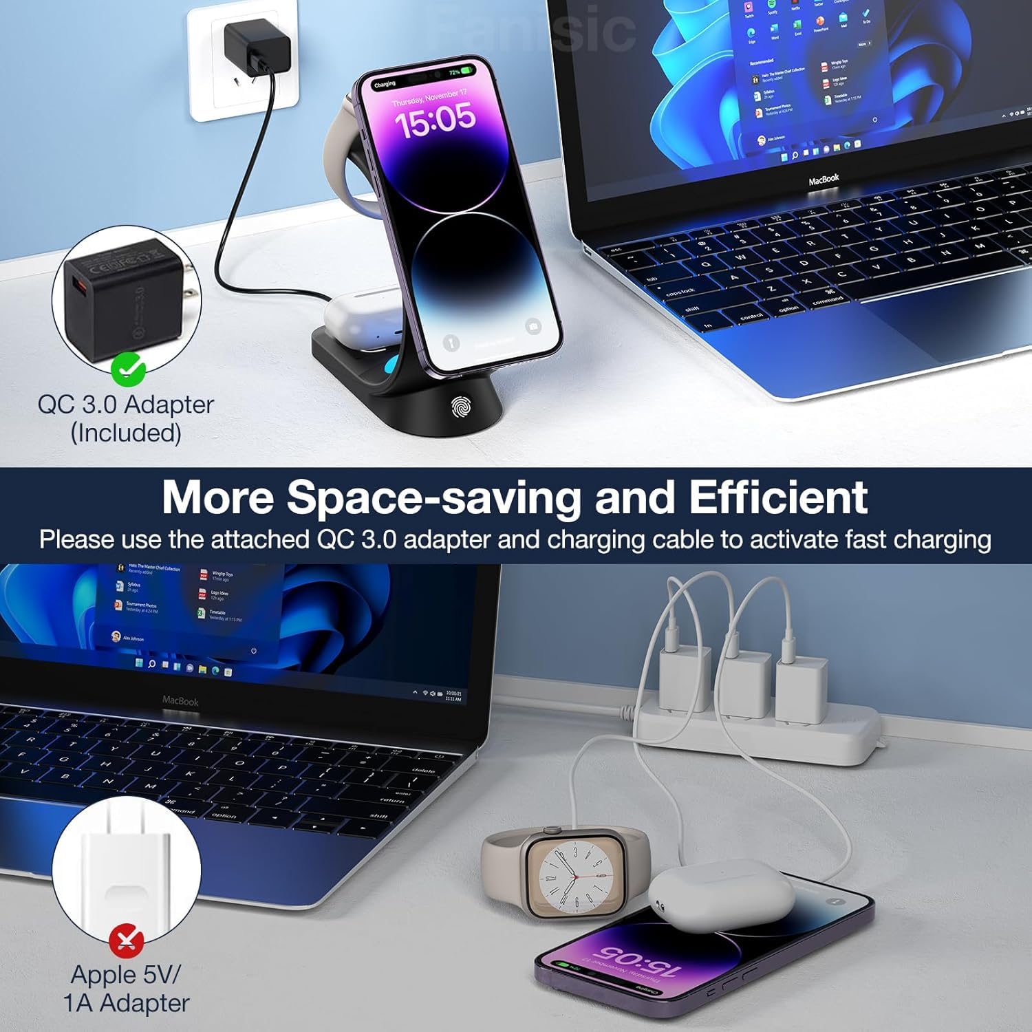 4-in-1 Magnetic Wireless Charging Station - Fast Charger Stand for iPhone 16/15/14/13/12 Series (Pro/Max), Apple Watch 2-9 & AirPods with RGB LED Night Light | Multi-Device Charging Dock for Bedroom, Office & Travel