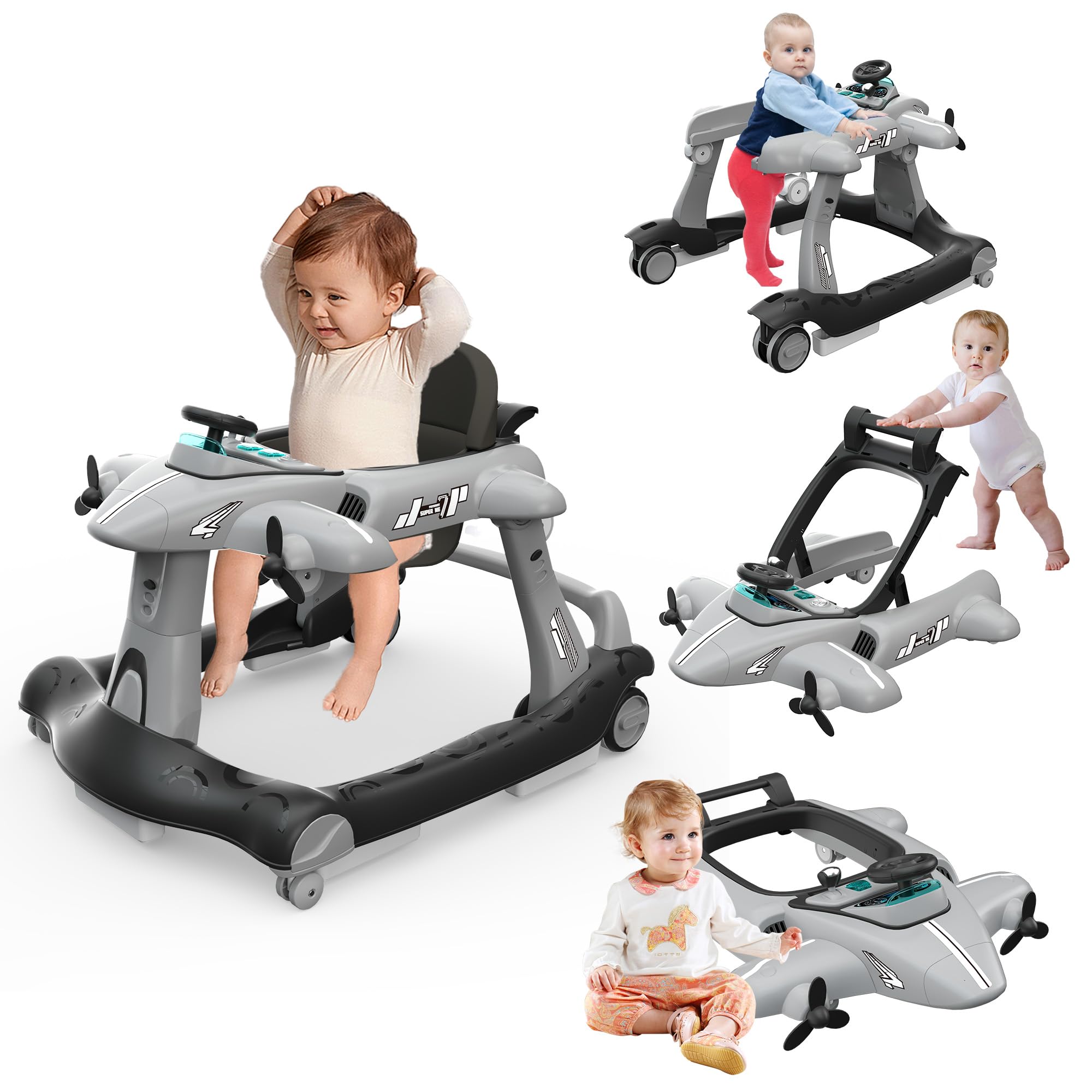6-in-1 Foldable Baby Walker with Adjustable Height & Speed - Airplane-Themed Activity Push Walker with Music, Lights & Wheels - Anti-Slip Design for Boys & Girls 6-18 Months - Perfect for Learning to Walk, Indoor Play & Developmental Activities