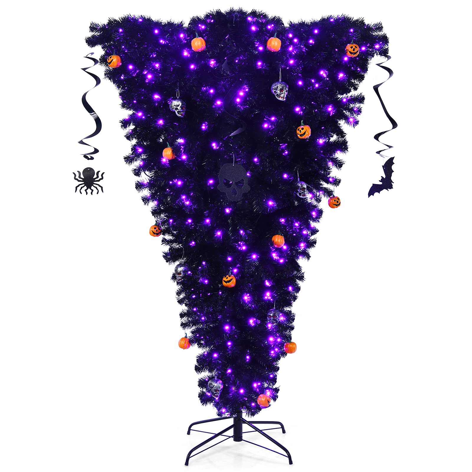Goplus 6ft Pre-lit Artificial Black Halloween Christmas Tree with 270 Purple LED Lights, Hinged Inverted Xmas Pine Tree for Holiday, Carnival & Party Decorations - Perfect for Indoor Halloween, Christmas & Themed Party Decor
