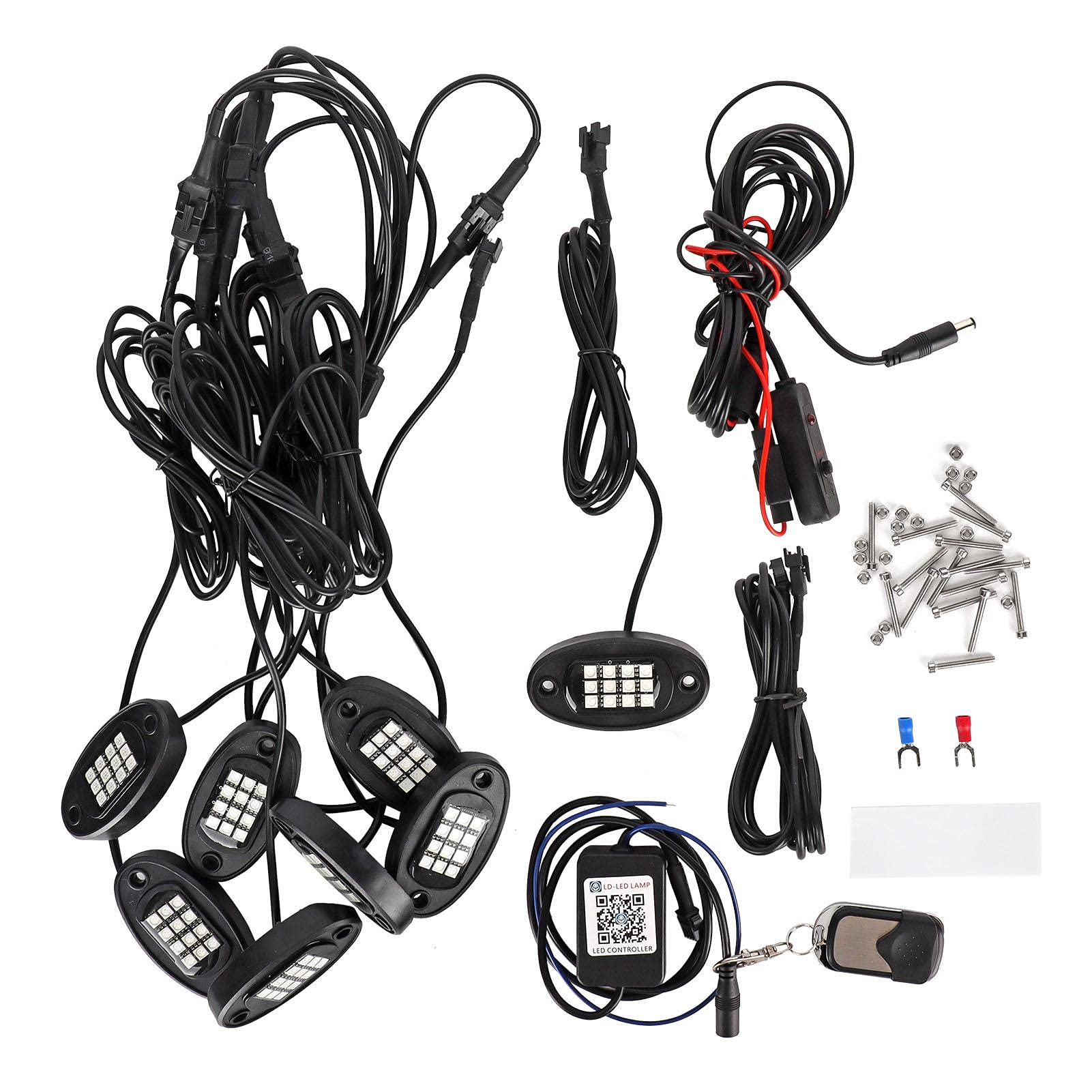 RGB Rock Light Kits - 12V 2A LED Rock Lights (8 Pods) for Trucks, UTVs, ATVs with Dimmer Switch | Off-Road Vehicle Underglow Lighting for Night Rides & Car Shows