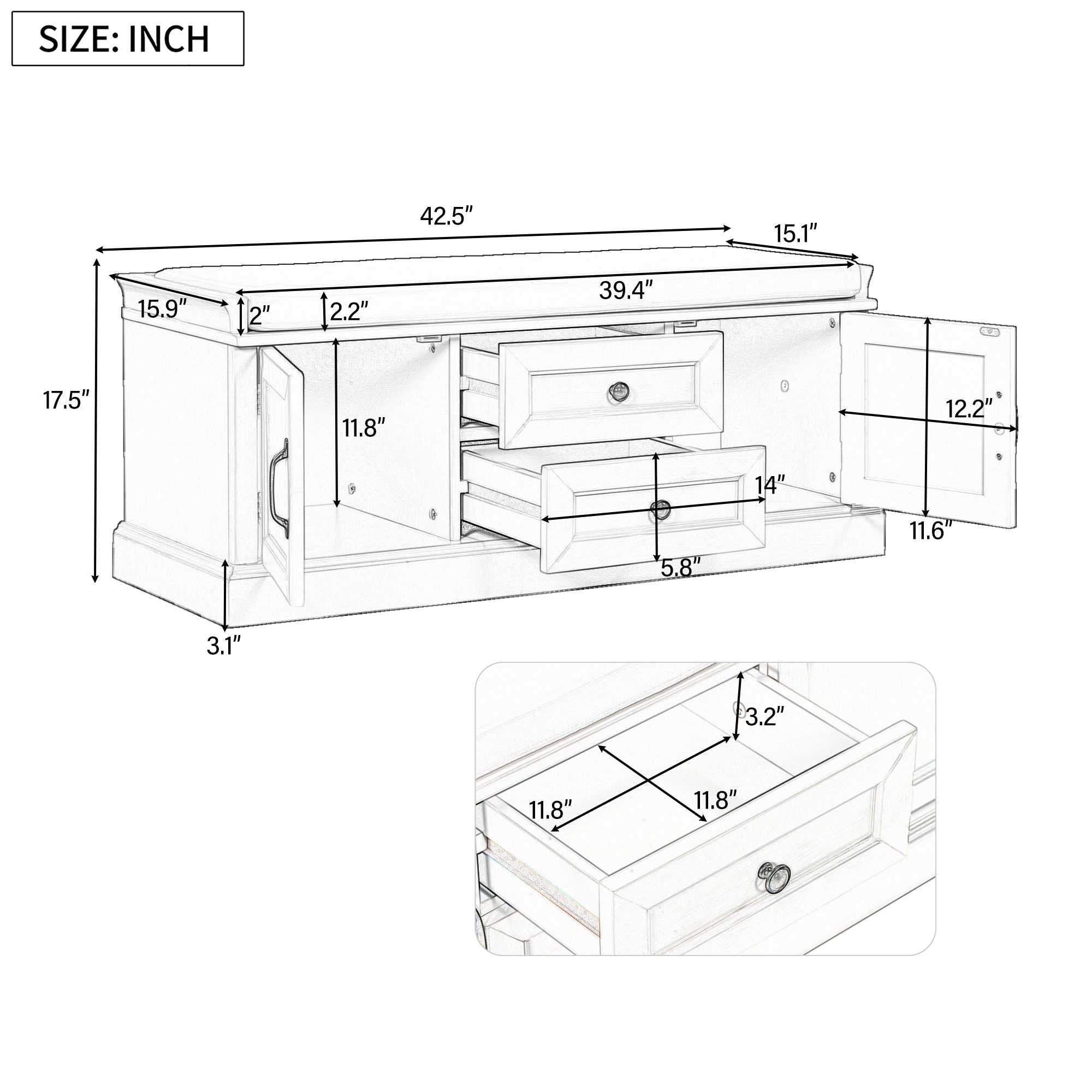 Rustic Wooden Storage Bench with 2 Cabinets & 2 Drawers - Entryway Shoe Bench with Removable Cushion | Multi-Functional Organizer for Bedroom, Hallway, Living Room & Mudroom | Perfect for Shoes, Blankets & Home Decor Storage