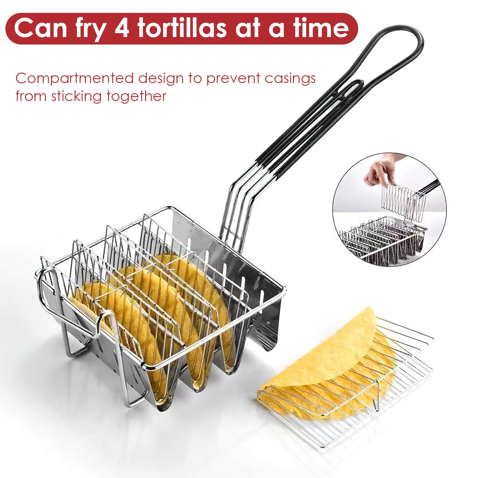 FAMKIT 4-Shell Taco Fryer Basket - Stainless Steel Taco Shell Deep Fryer Holder with Non-Slip Grip Handle for Perfectly Crispy Tacos - Ideal for Home Kitchens, Mexican Restaurants & Party Cooking