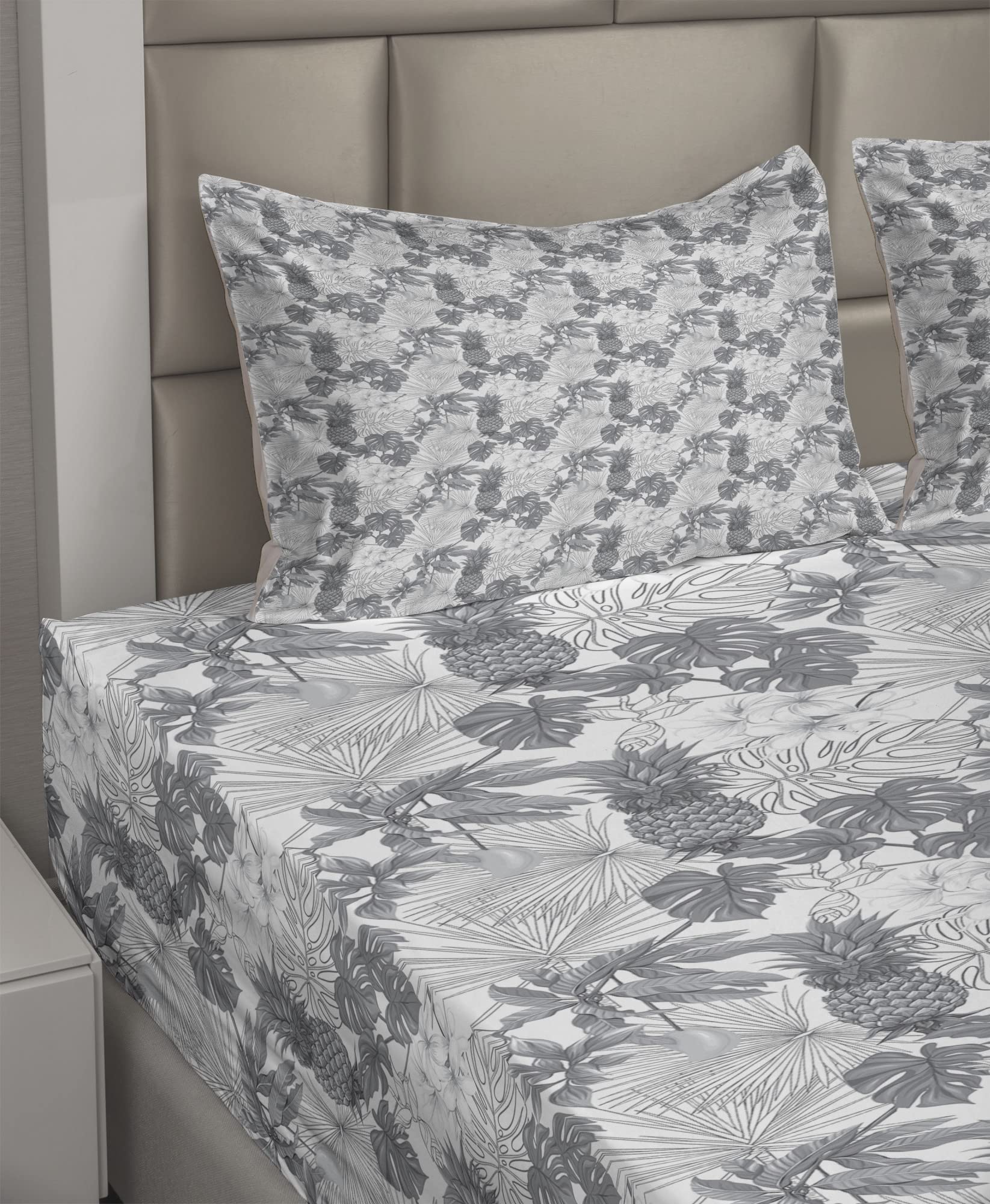 Ambesonne Tropical Sheet Set - Exotic Palm Leaves Hawaiian Greyscale Bedding 4-Piece Set (King Size, Dimmable White) | Soft & Breathable for Summer Nights, Beach House Decor, Luxury Hotel-Style Bedroom Upgrade