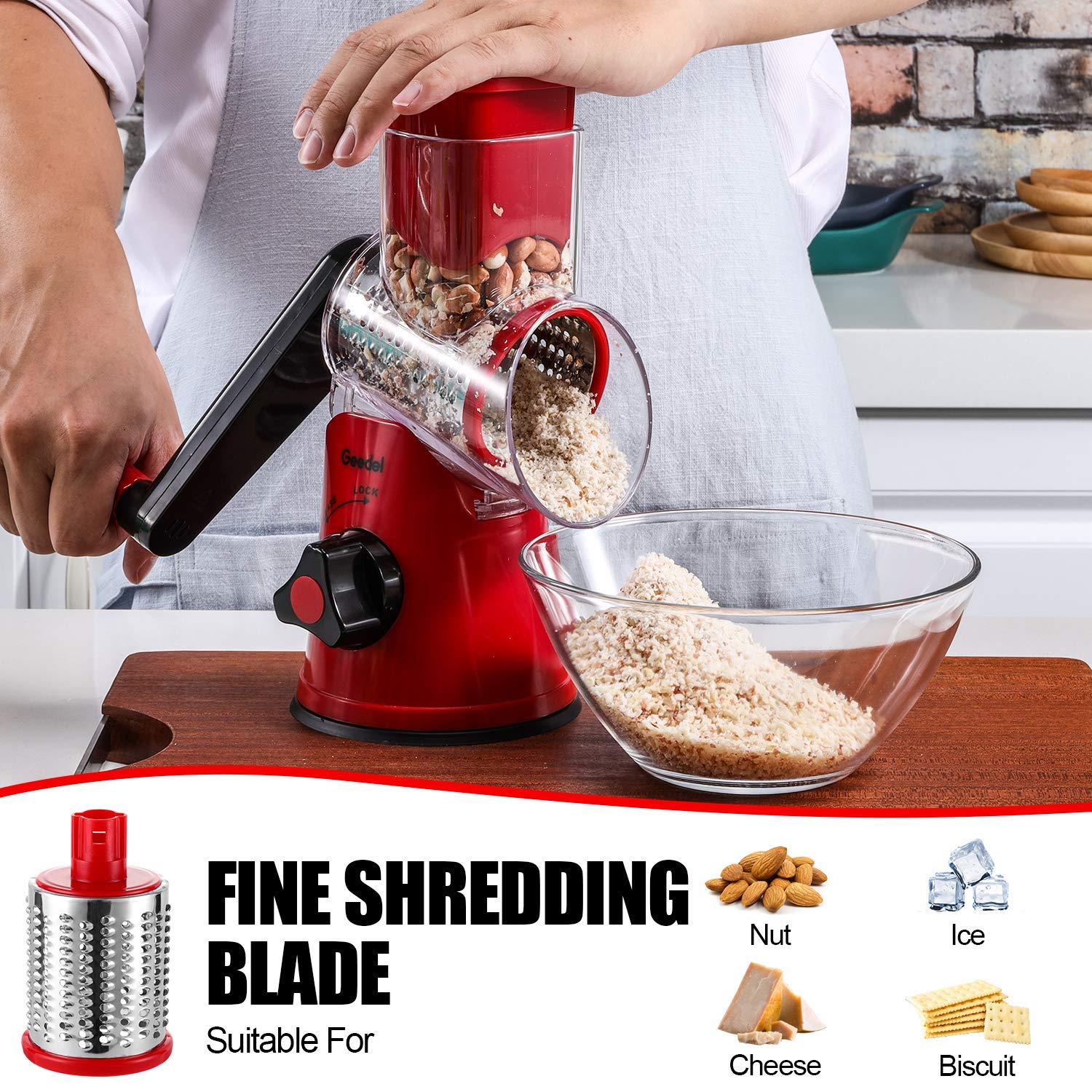 Geedel Rotary Cheese Grater & Vegetable Slicer - 2 Interchangeable Blades for Fruits, Veggies, Nuts - Easy Clean Kitchen Mandoline - Perfect for Salads, Pasta Garnish & Meal Prep