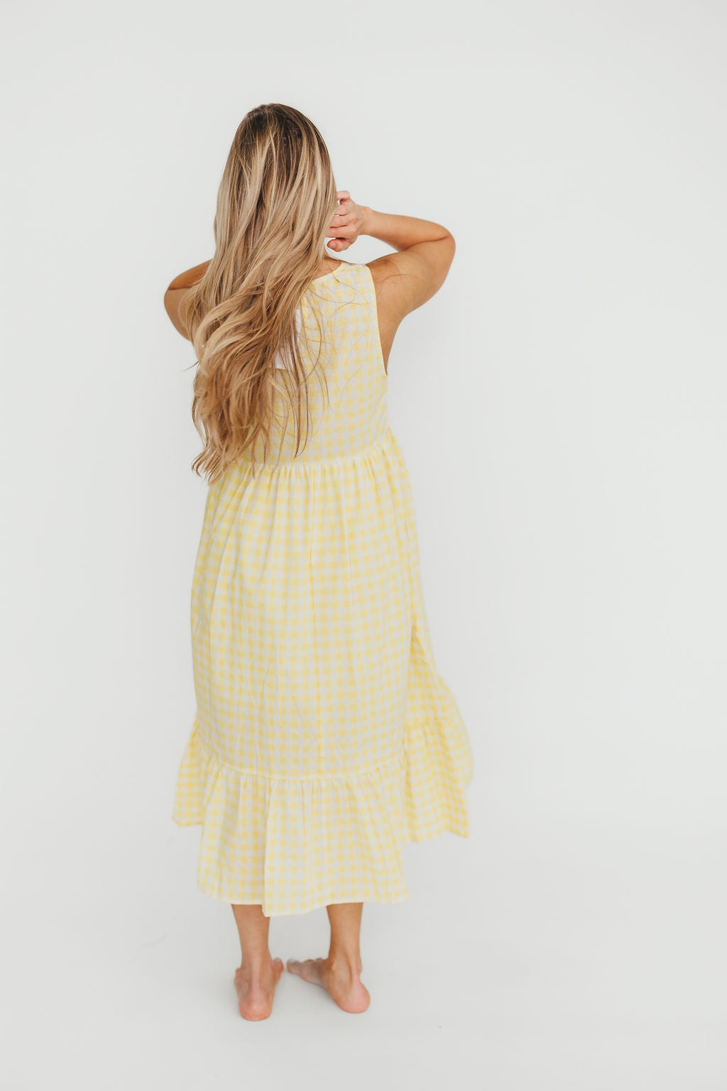 Alana Gingham Ribbon Detail Midi Dress in Butter Yellow - Floral Summer Dress for Women, Casual & Party Wear, Perfect for Beach, Brunch and Date Nights