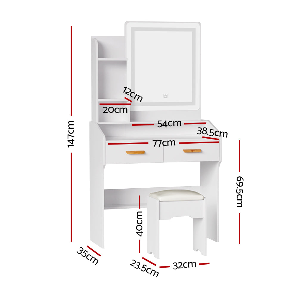 Doris LED Vanity Mirror with Stool Set - Adjustable Brightness Touch Screen Makeup Mirror for Bedroom & Bathroom - White (Perfect for Makeup Application, Skincare Routine & Home Decor)