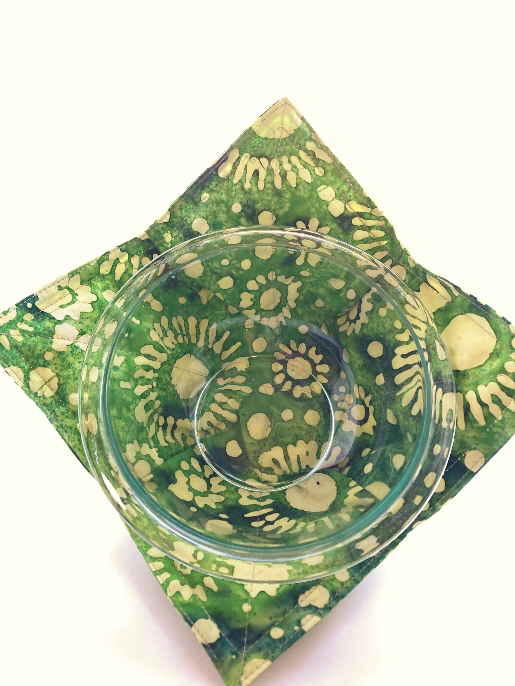 Set of 2 Batik Print Cotton Bowl Cozies - Microwave & Oven Safe Hot Pads for 8 Inch Bowls - Green with Pale Yellow - Perfect for Serving Hot Soups, Stews, and Desserts