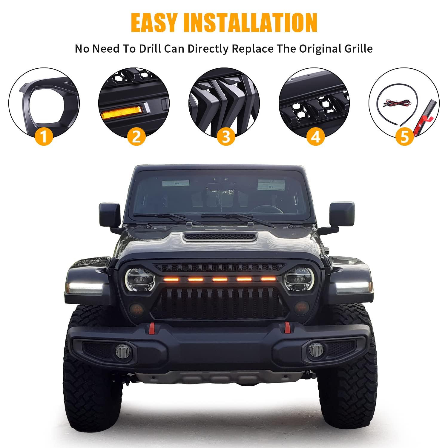2007-2018 Jeep Wrangler JK JKU Front Grill Mesh Cover - Matte Black ABS with Amber LED Running Lights | Fits Unlimited Rubicon Sahara Sport Models | Off-Road Protection & Style Upgrade