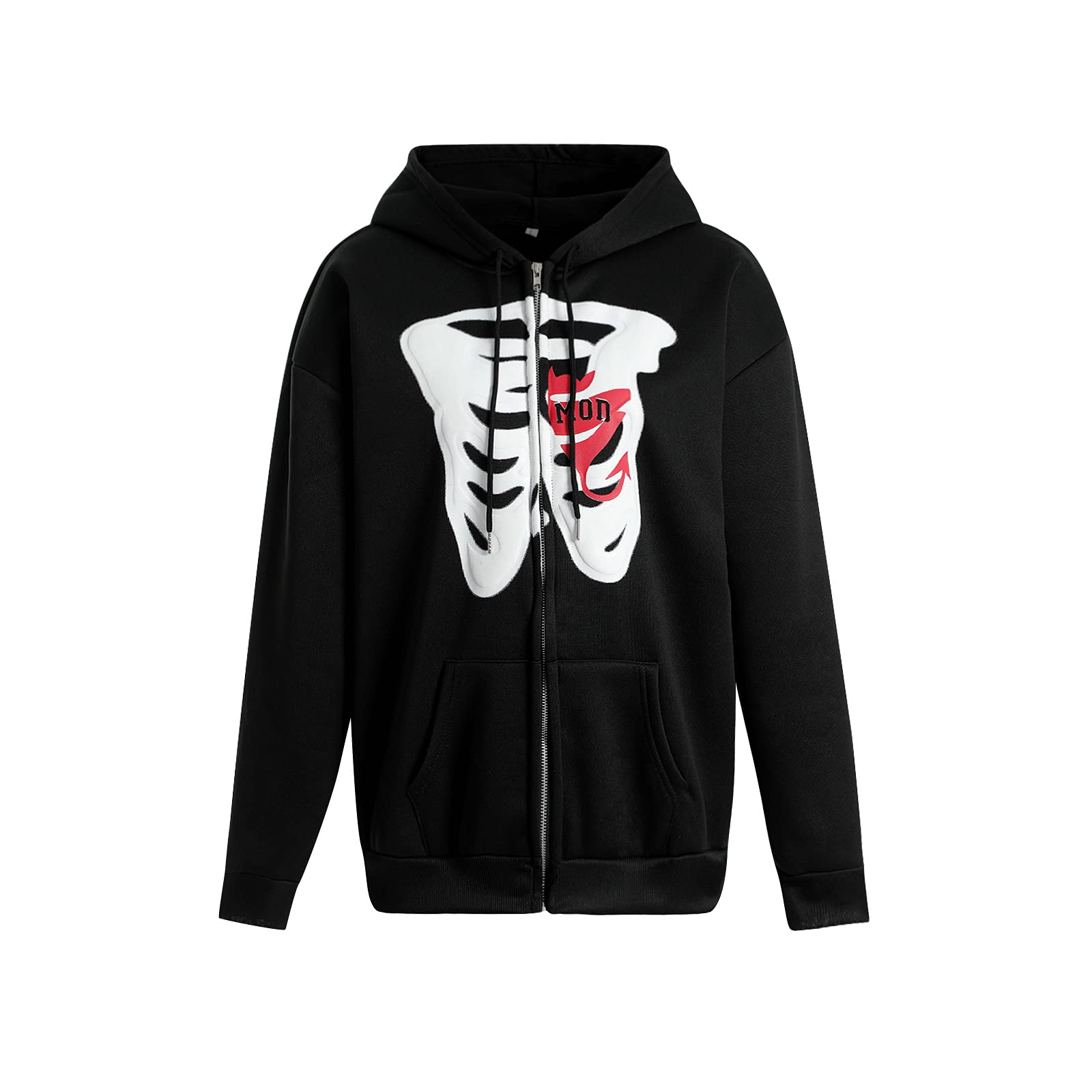 Y2K Skeleton Print Zip Up Hoodie - Oversized Women's Sweater Jacket with Long Sleeves | Streetwear Fashion for E-Girls | Perfect for Casual Outfits, Halloween Costumes & Aesthetic Instagram Looks